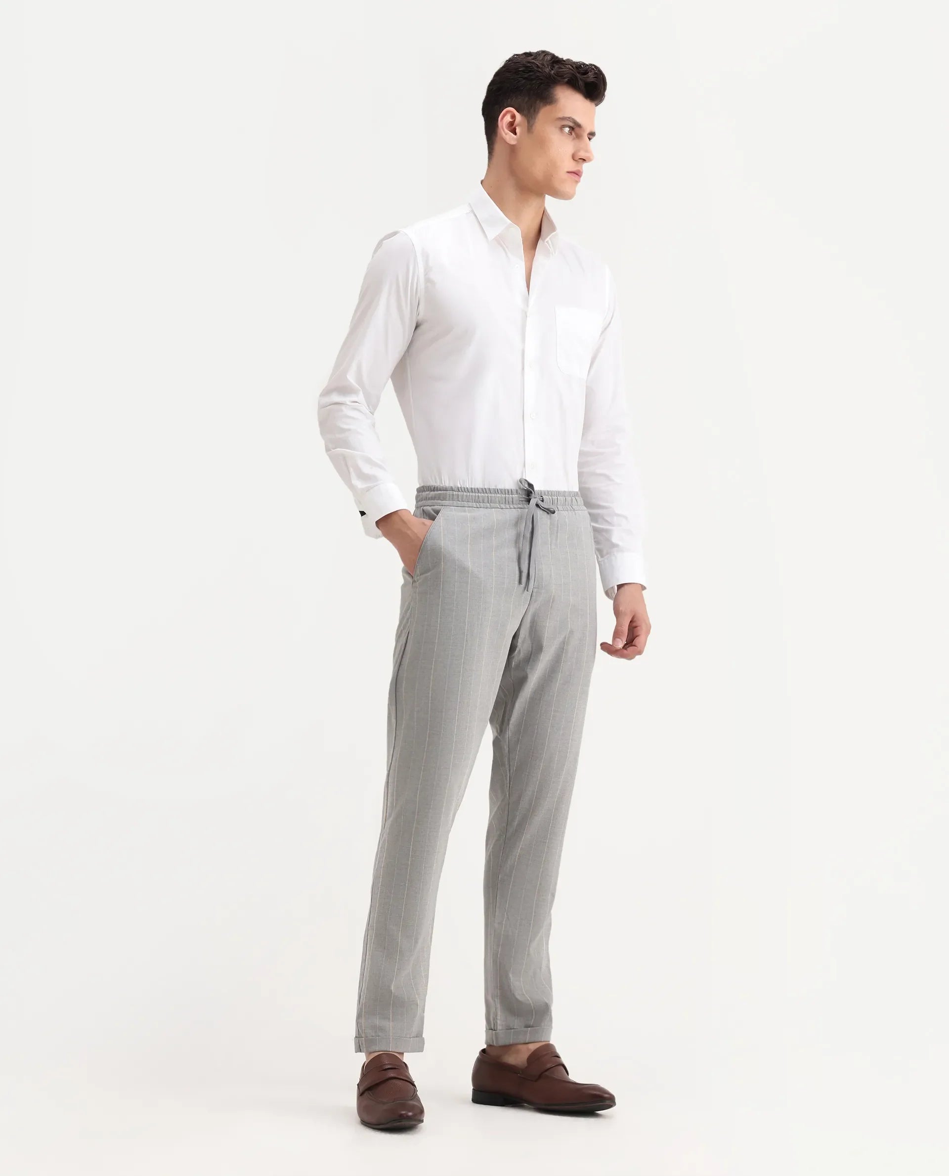 Rare Rabbit Men's Evita Grey Cotton Striped Print Regular Fit Trouser