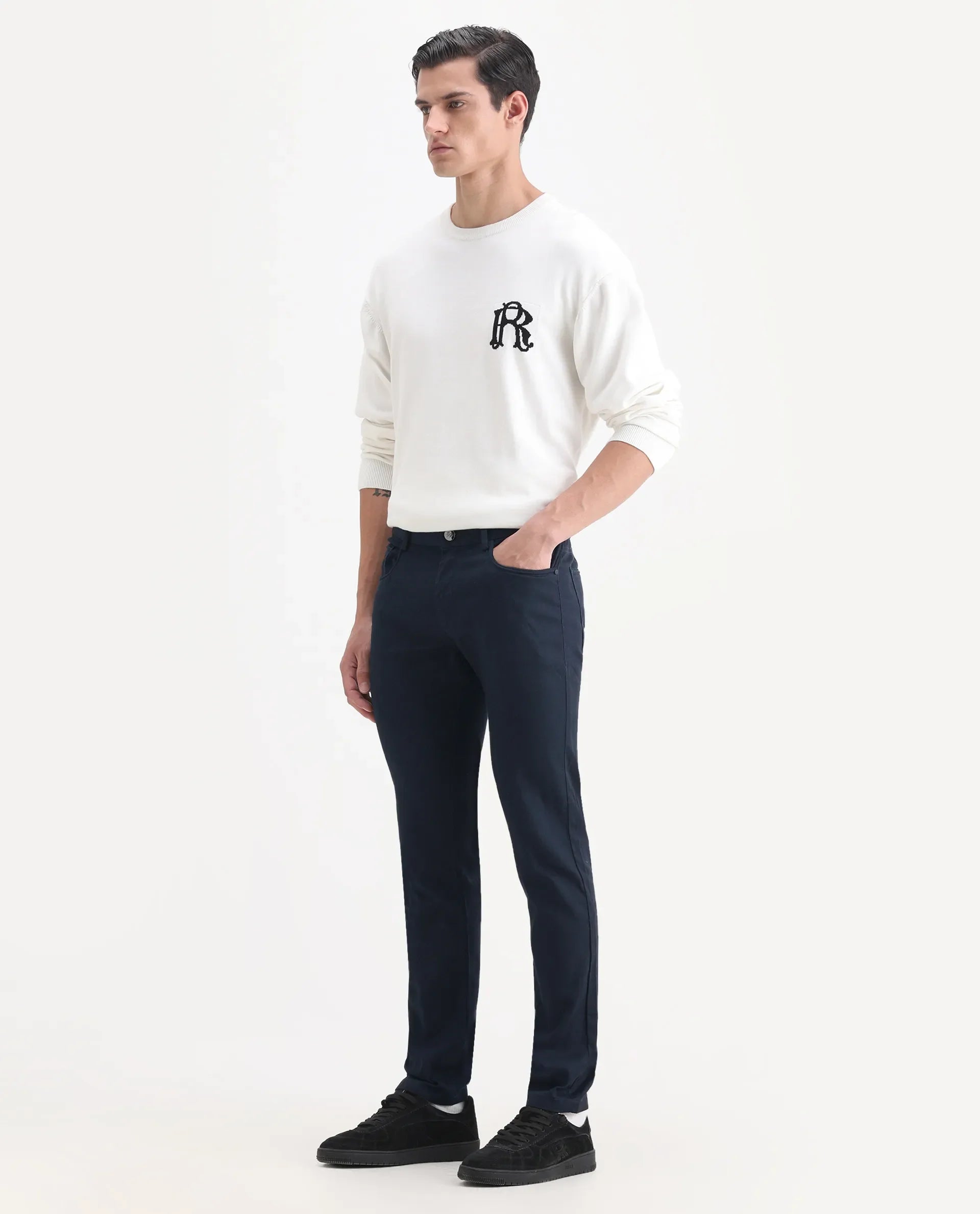 Rare Rabbit Men's Expore Navy Linen Blend Plain Regular Fit Trouser