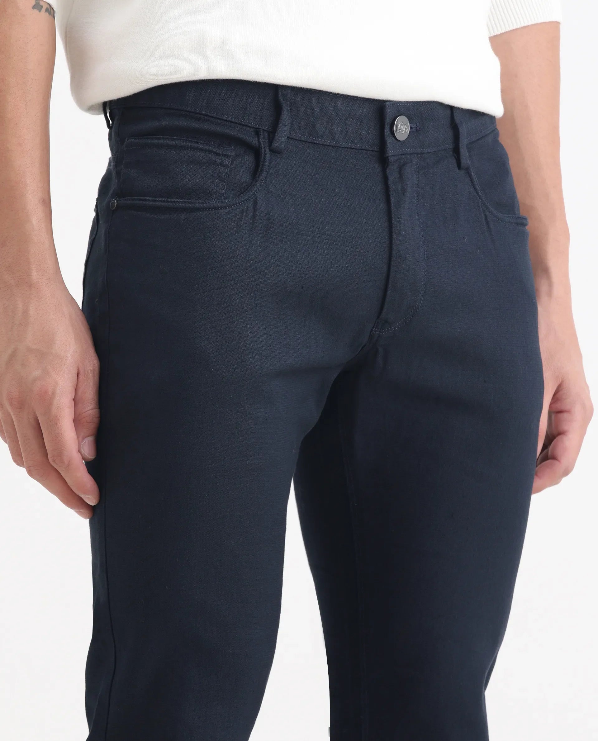 Rare Rabbit Men's Expore Navy Linen Blend Plain Regular Fit Trouser