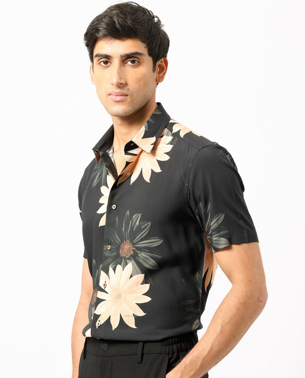 Rare Rabbit Men's Filch Black Floral Print Regular Fit Half Sleeve Collared Shirt