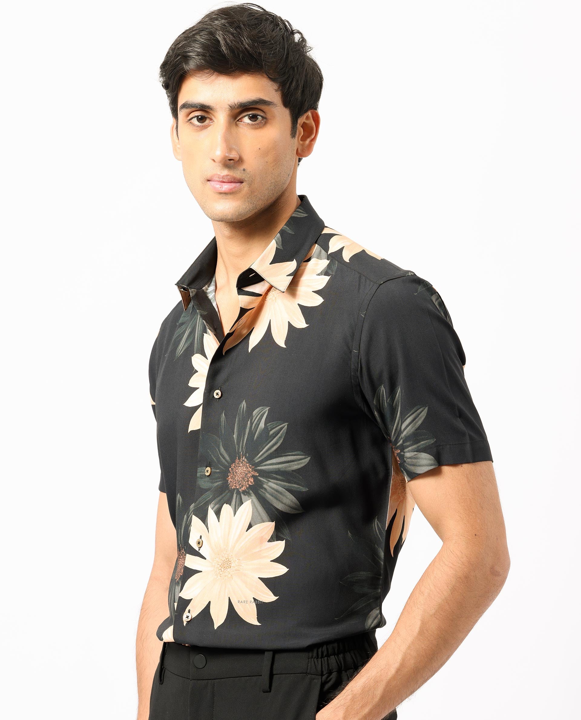 Rare Rabbit Men's Filch Black Floral Print Regular Fit Half Sleeve Collared Shirt
