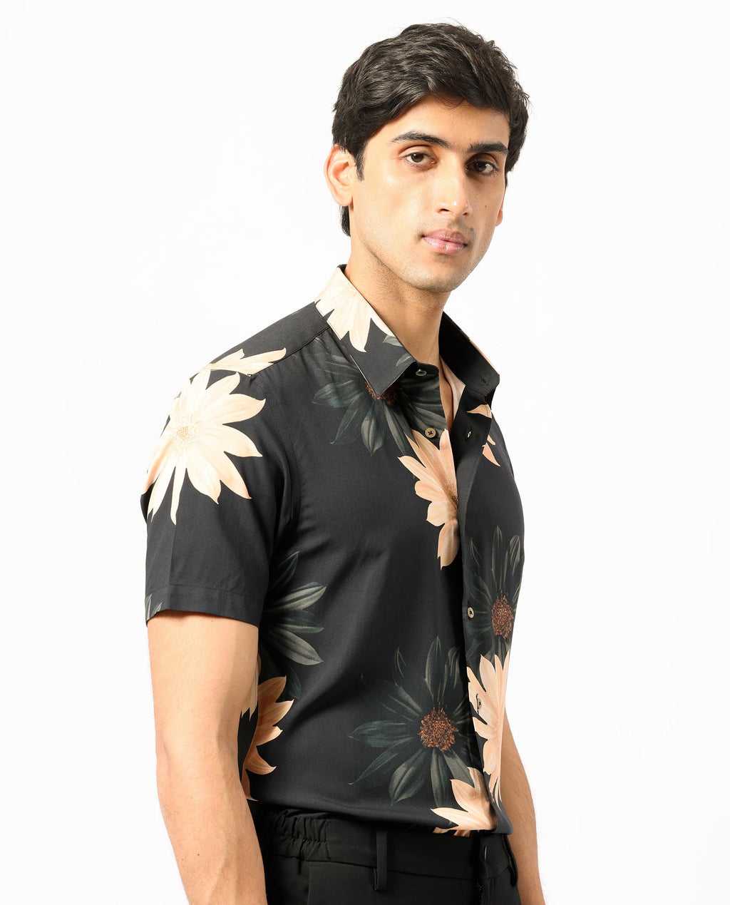 Rare Rabbit Men's Filch Black Floral Print Regular Fit Half Sleeve Collared Shirt