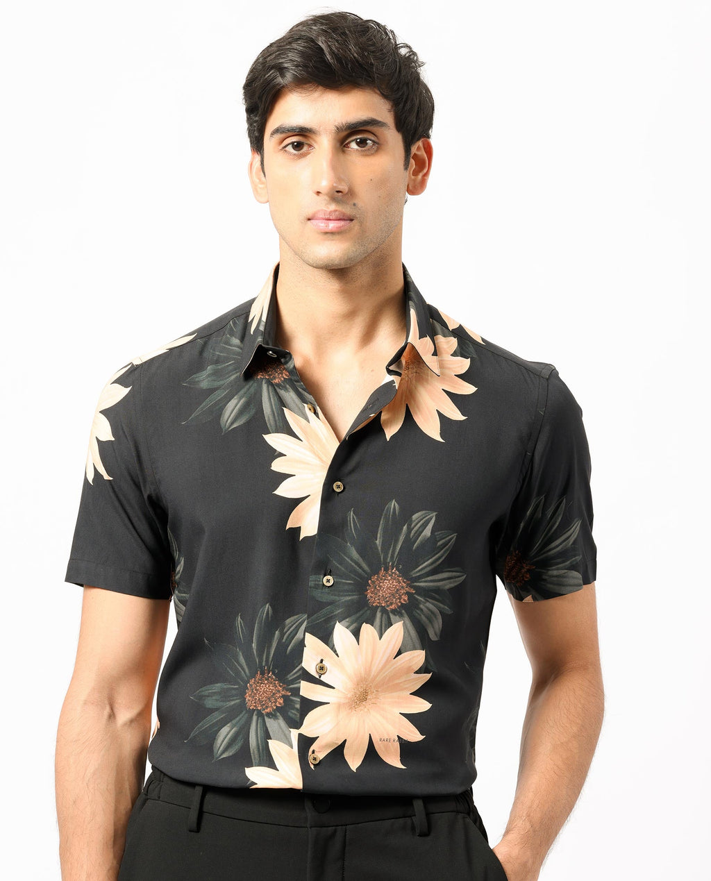 Rare Rabbit Men's Filch Black Floral Print Regular Fit Half Sleeve Collared Shirt