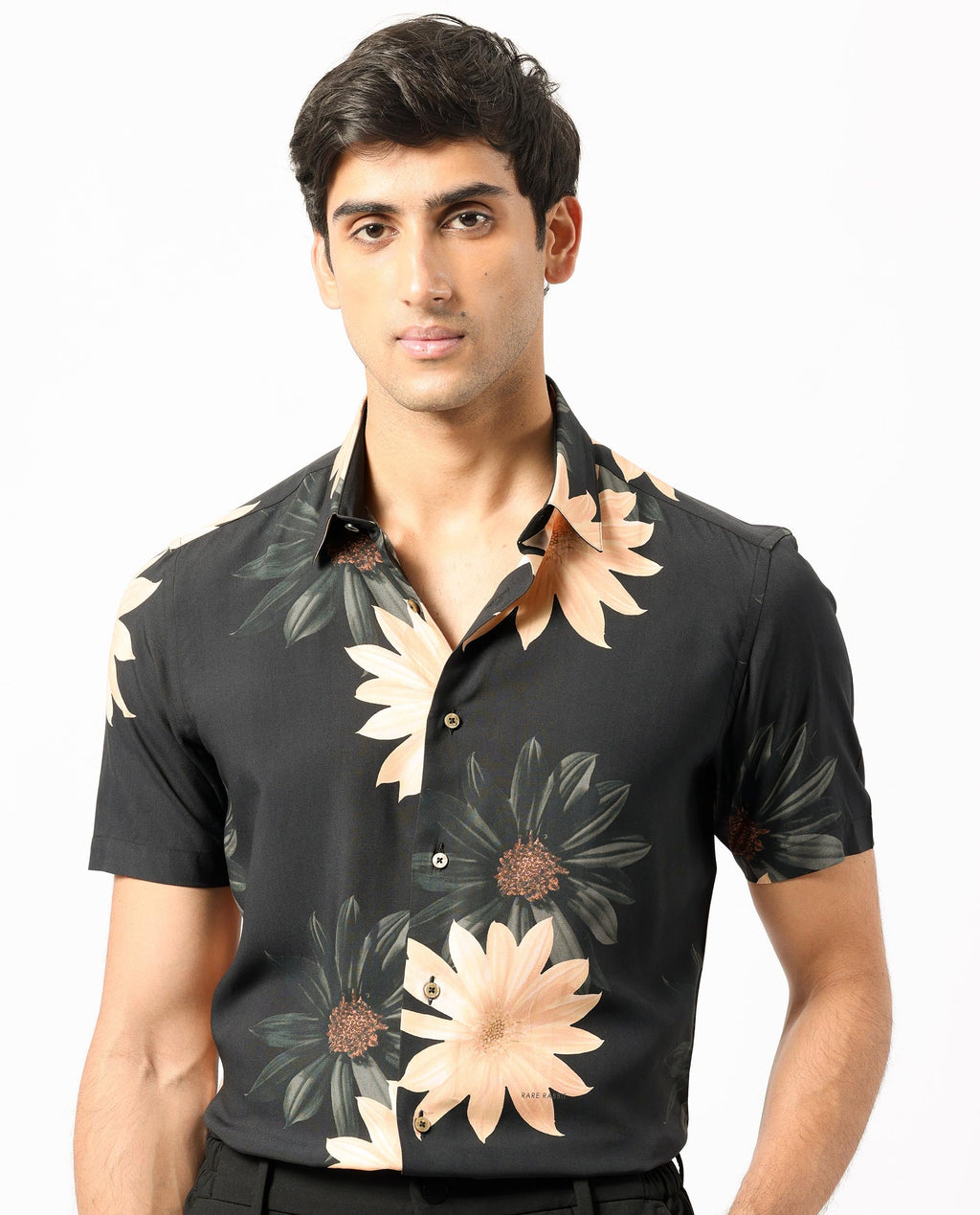 Rare Rabbit Men's Filch Black Floral Print Regular Fit Half Sleeve Collared Shirt