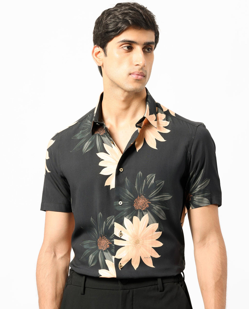 Rare Rabbit Men's Filch Black Floral Print Regular Fit Half Sleeve Collared Shirt