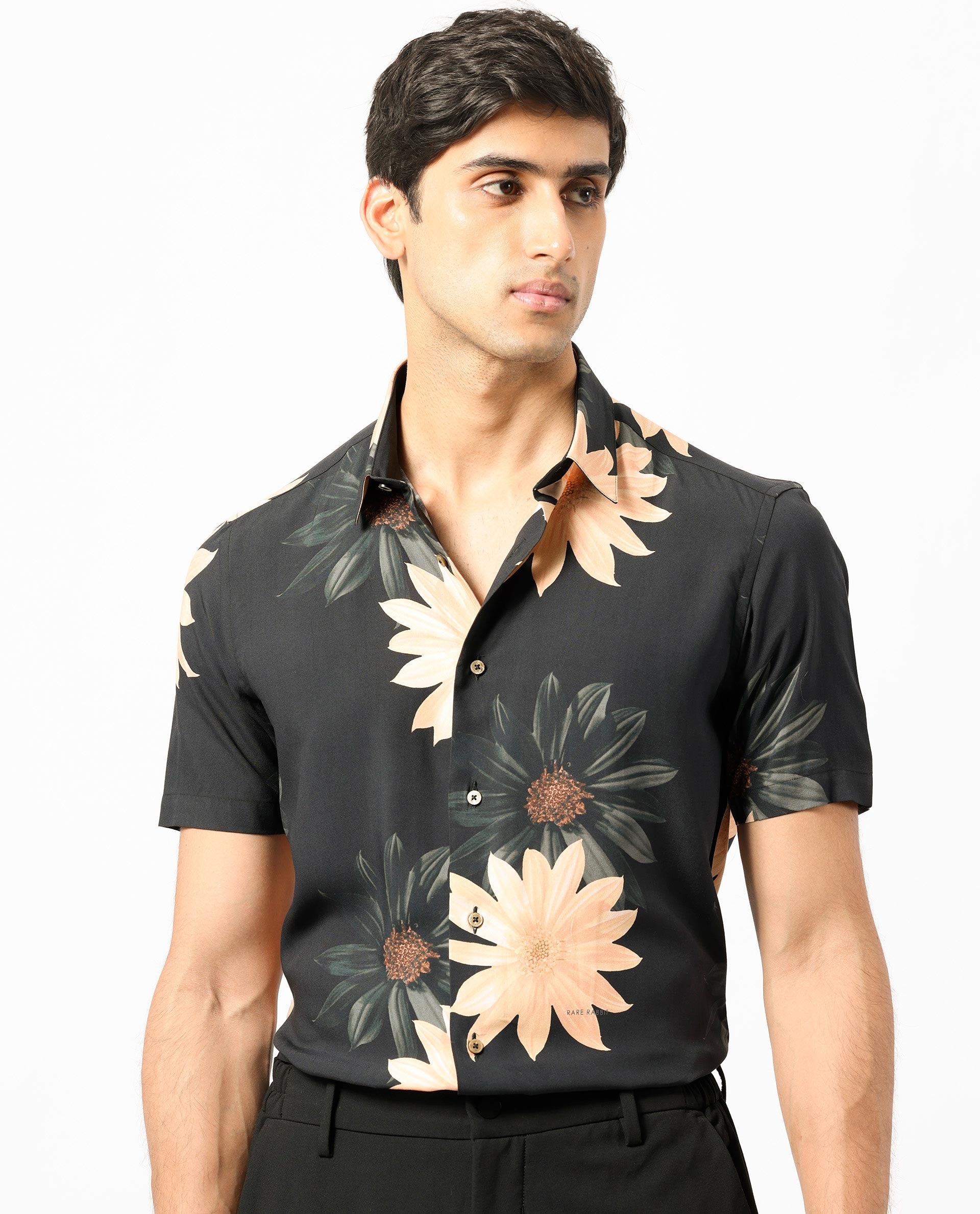 Rare Rabbit Men's Filch Black Floral Print Regular Fit Half Sleeve Collared Shirt