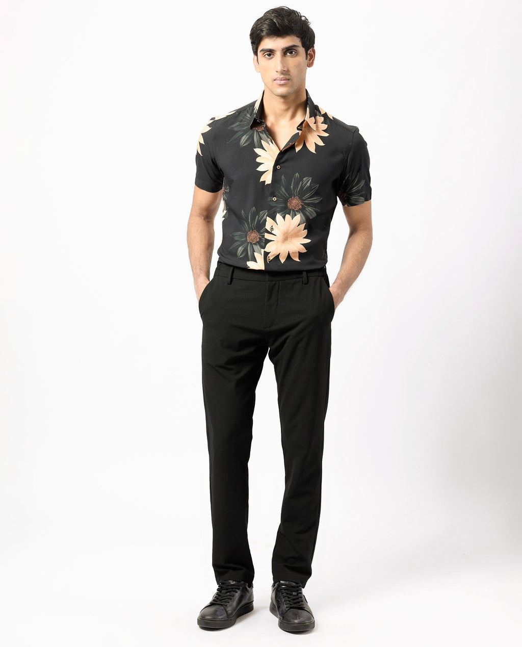 Rare Rabbit Men's Filch Black Floral Print Regular Fit Half Sleeve Collared Shirt