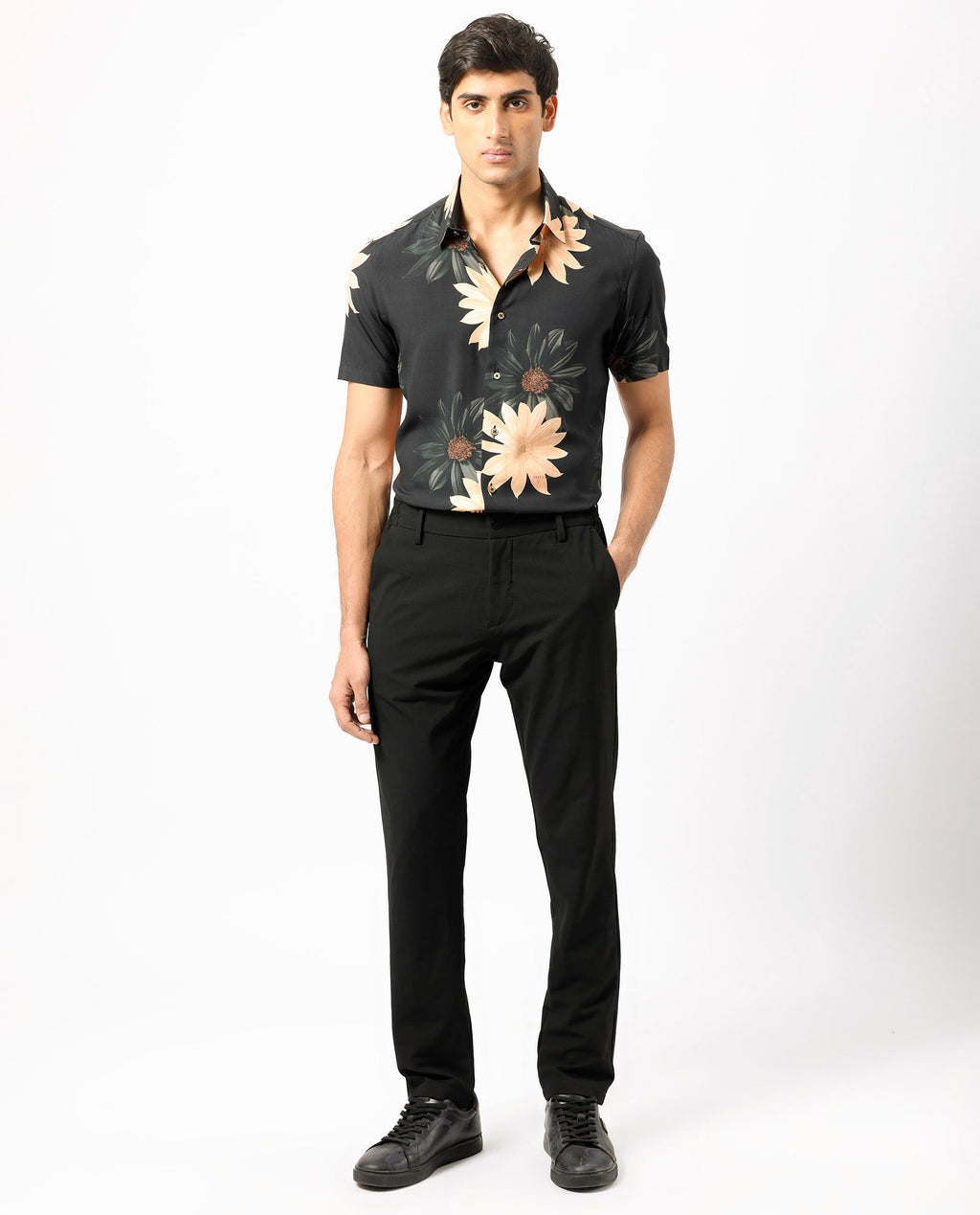 Rare Rabbit Men's Filch Black Floral Print Regular Fit Half Sleeve Collared Shirt