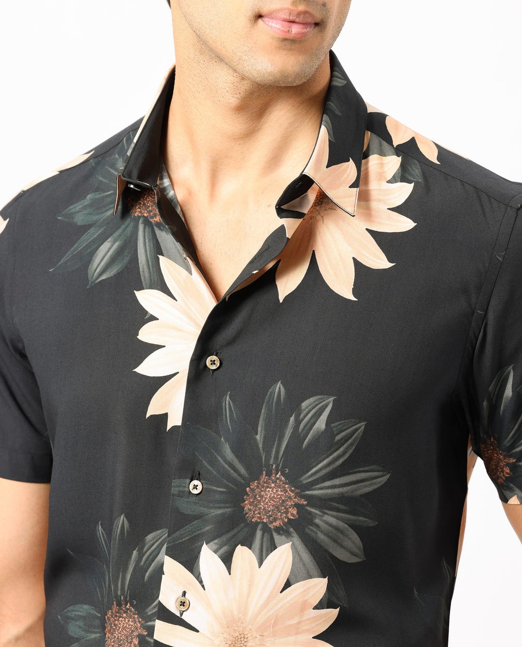 Rare Rabbit Men's Filch Black Floral Print Regular Fit Half Sleeve Collared Shirt