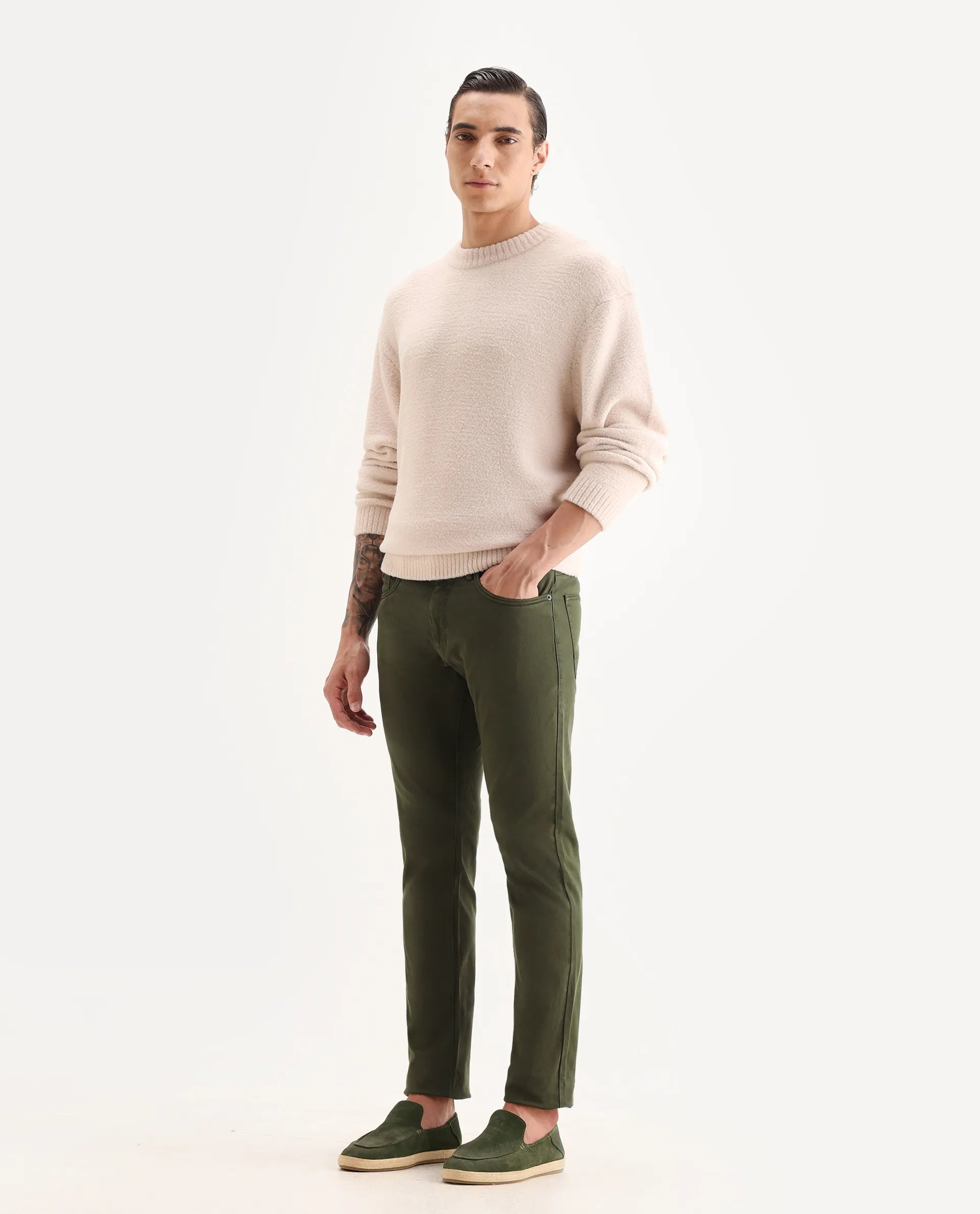 Rare Rabbit Men's Fiv5 Olive Cotton Plain Slim Fit Trouser
