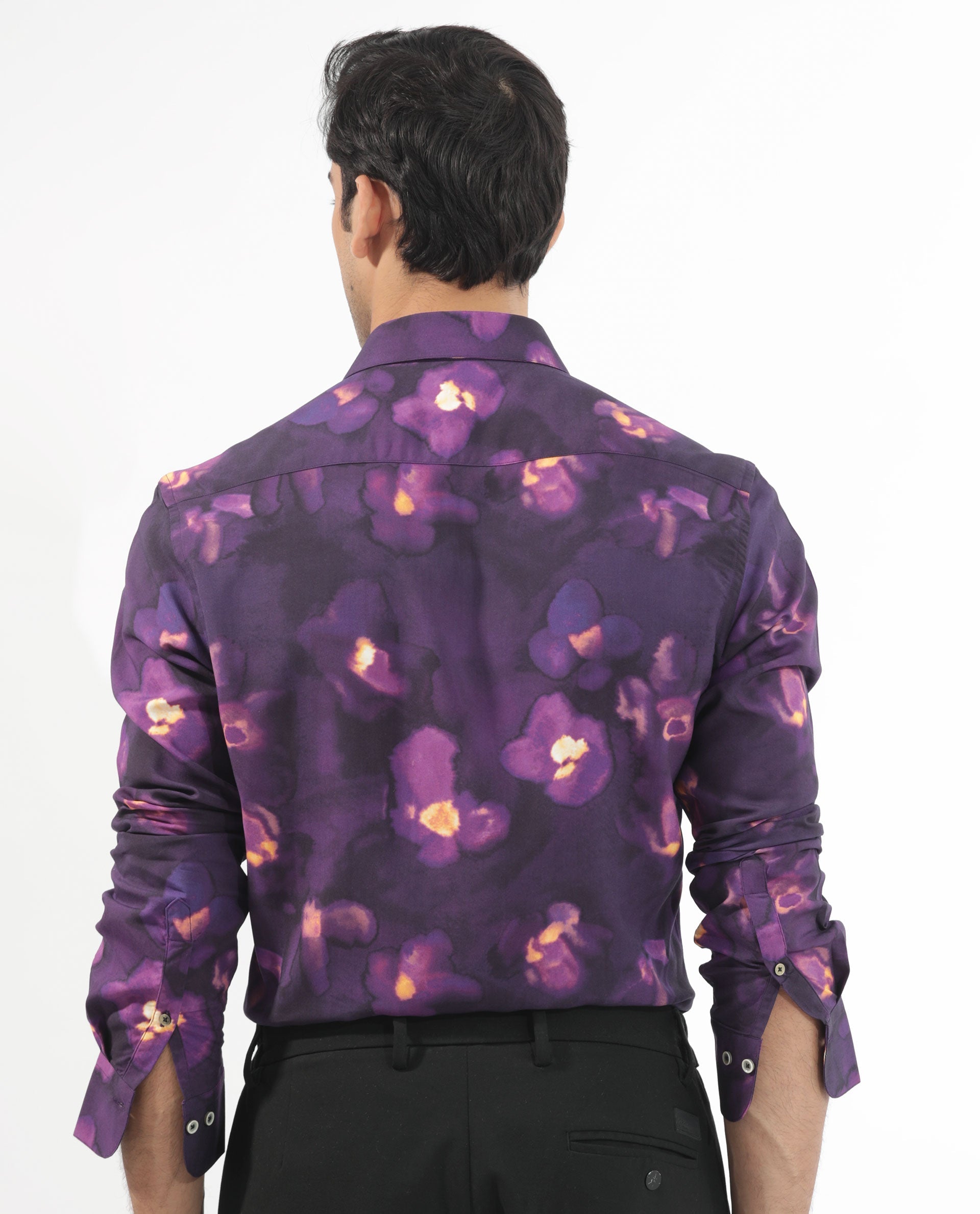 Rare Rabbit Men's Flage Purple Viscose Floral Print Regular Fit Full Sleeve Collared Shirt