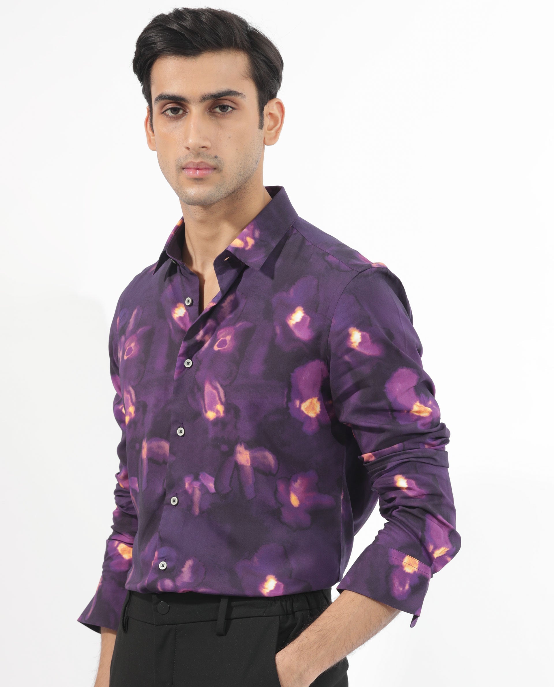 Rare Rabbit Men's Flage Purple Viscose Floral Print Regular Fit Full Sleeve Collared Shirt