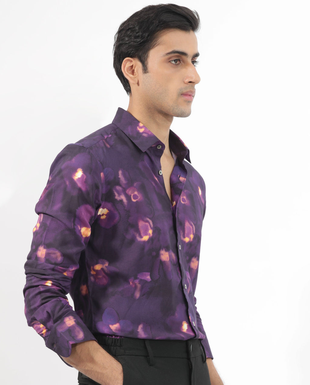 Rare Rabbit Men's Flage Purple Viscose Floral Print Regular Fit Full Sleeve Collared Shirt