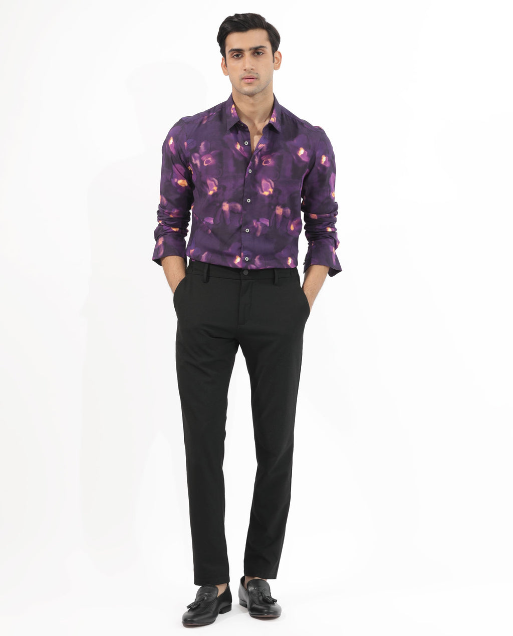 Rare Rabbit Men's Flage Purple Viscose Floral Print Regular Fit Full Sleeve Collared Shirt