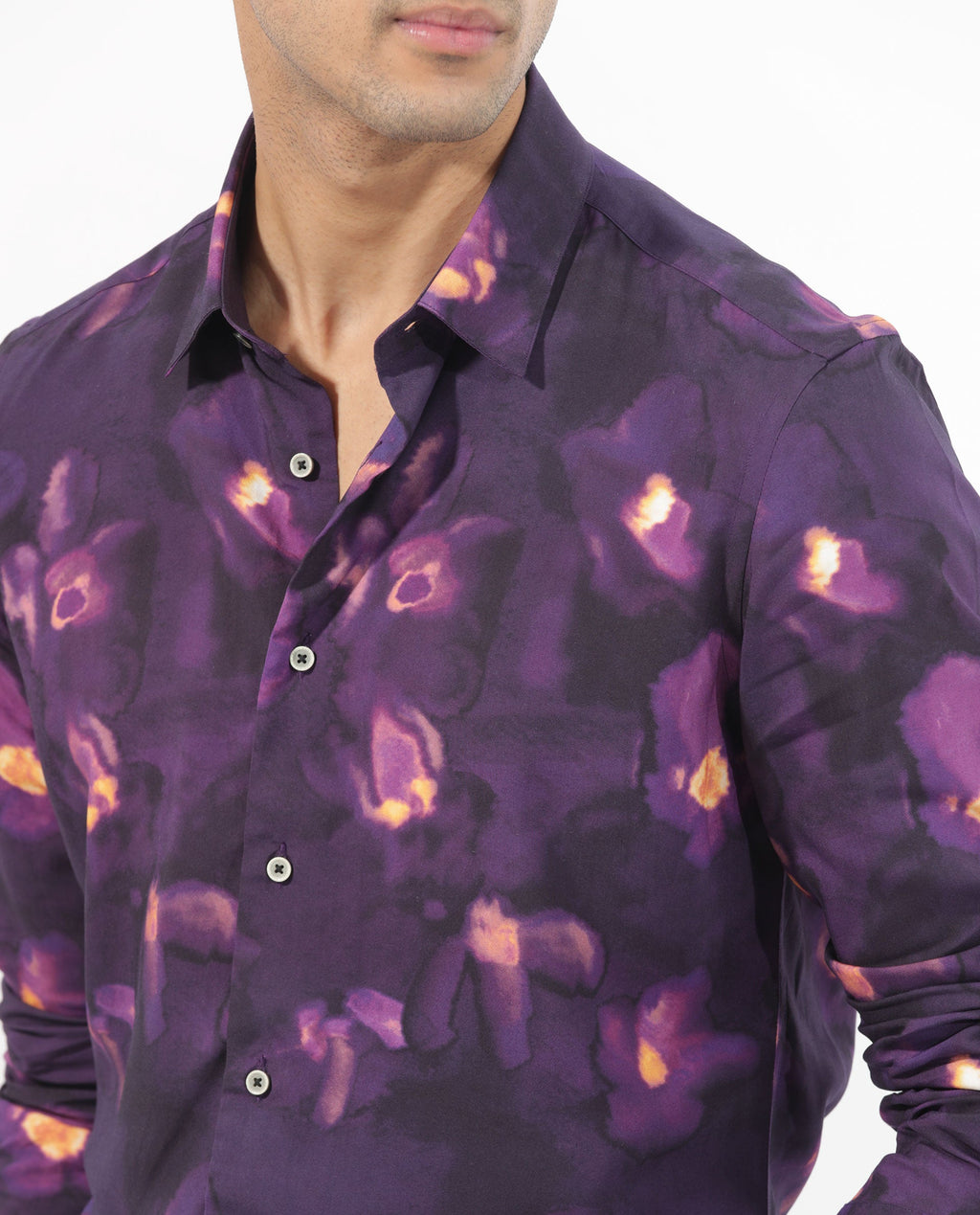 Rare Rabbit Men's Flage Purple Viscose Floral Print Regular Fit Full Sleeve Collared Shirt