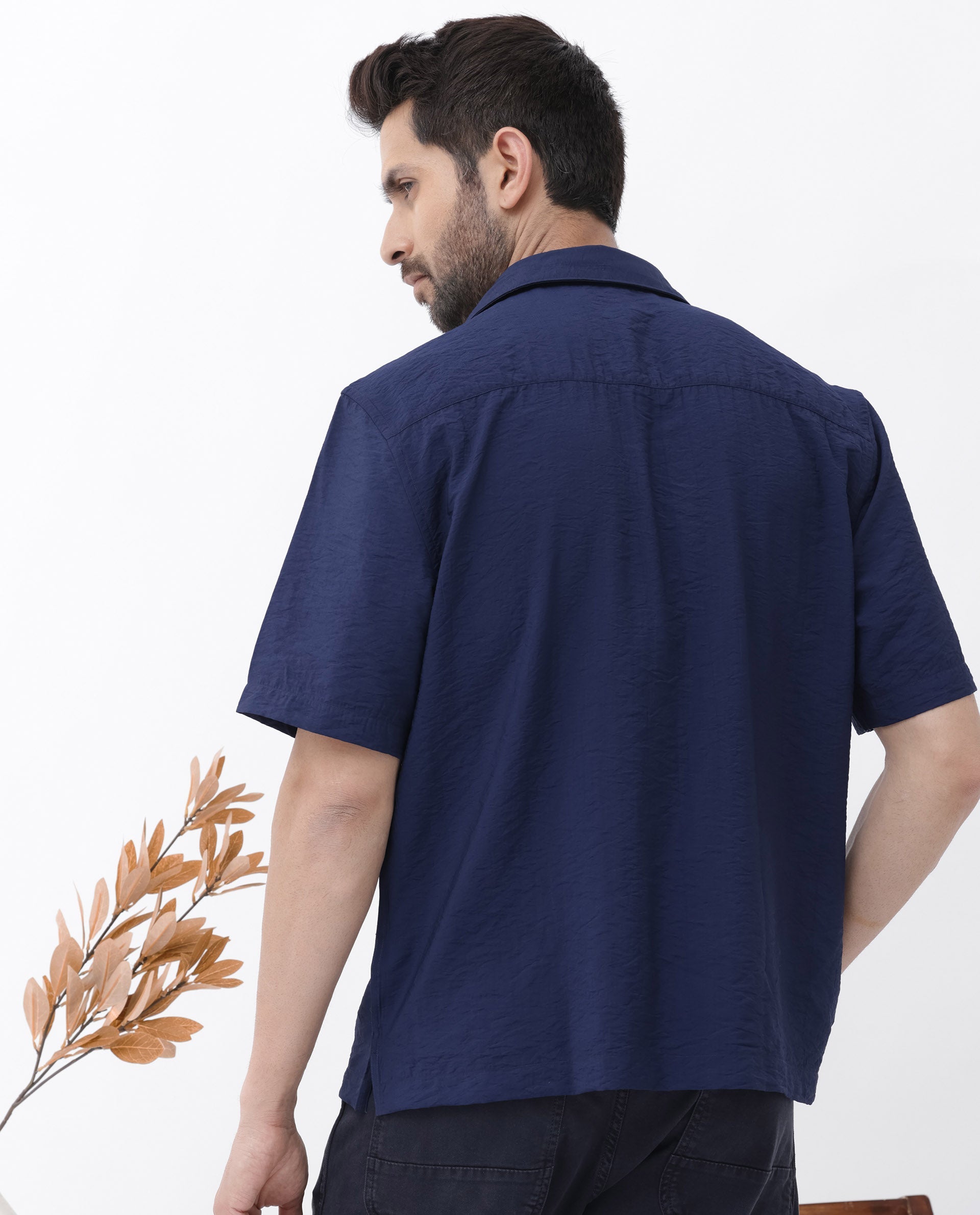 Rare Rabbit Men's Flo Navy Viscose Textured Boxy Fit Half Sleeve Collared Shirt
