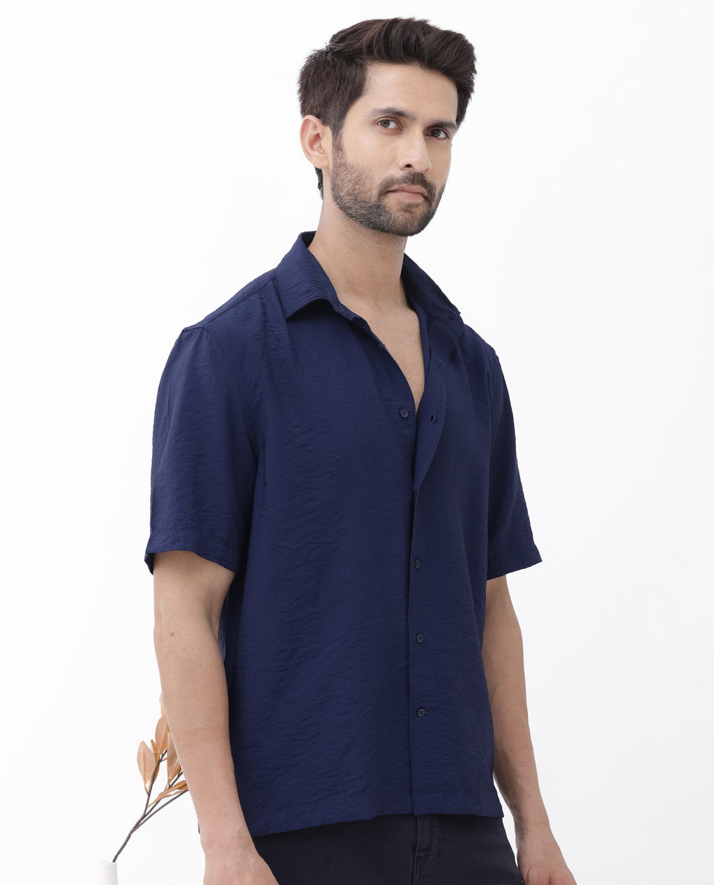 Rare Rabbit Men's Flo Navy Viscose Textured Boxy Fit Half Sleeve Collared Shirt