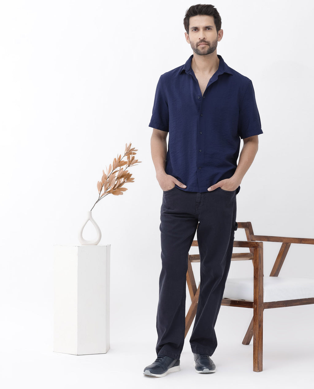 Rare Rabbit Men's Flo Navy Viscose Textured Boxy Fit Half Sleeve Collared Shirt