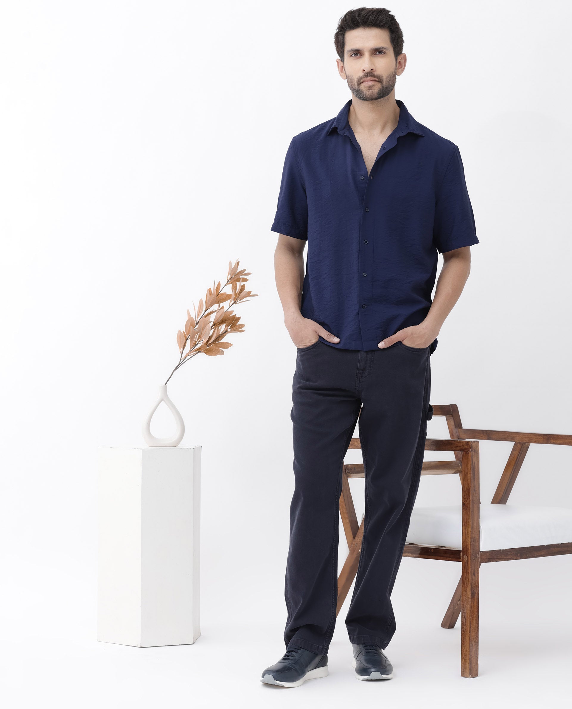 Rare Rabbit Men's Flo Navy Viscose Textured Boxy Fit Half Sleeve Collared Shirt