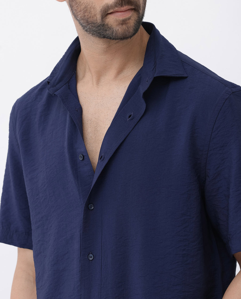 Rare Rabbit Men's Flo Navy Viscose Textured Boxy Fit Half Sleeve Collared Shirt