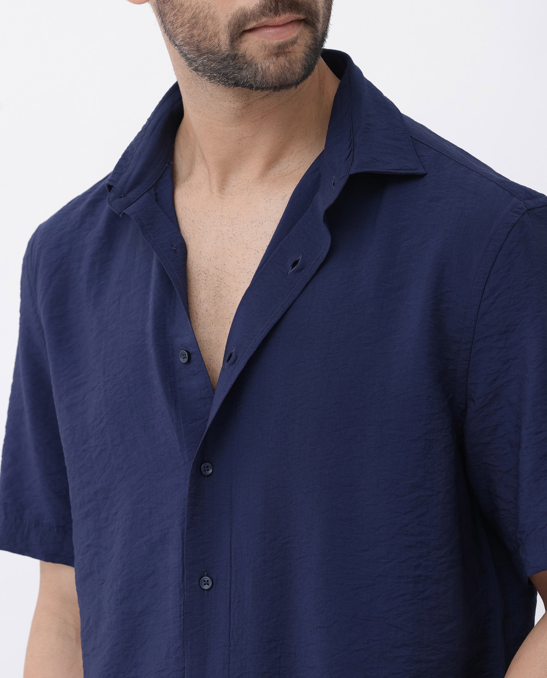 Rare Rabbit Men's Flo Navy Viscose Textured Boxy Fit Half Sleeve Collared Shirt