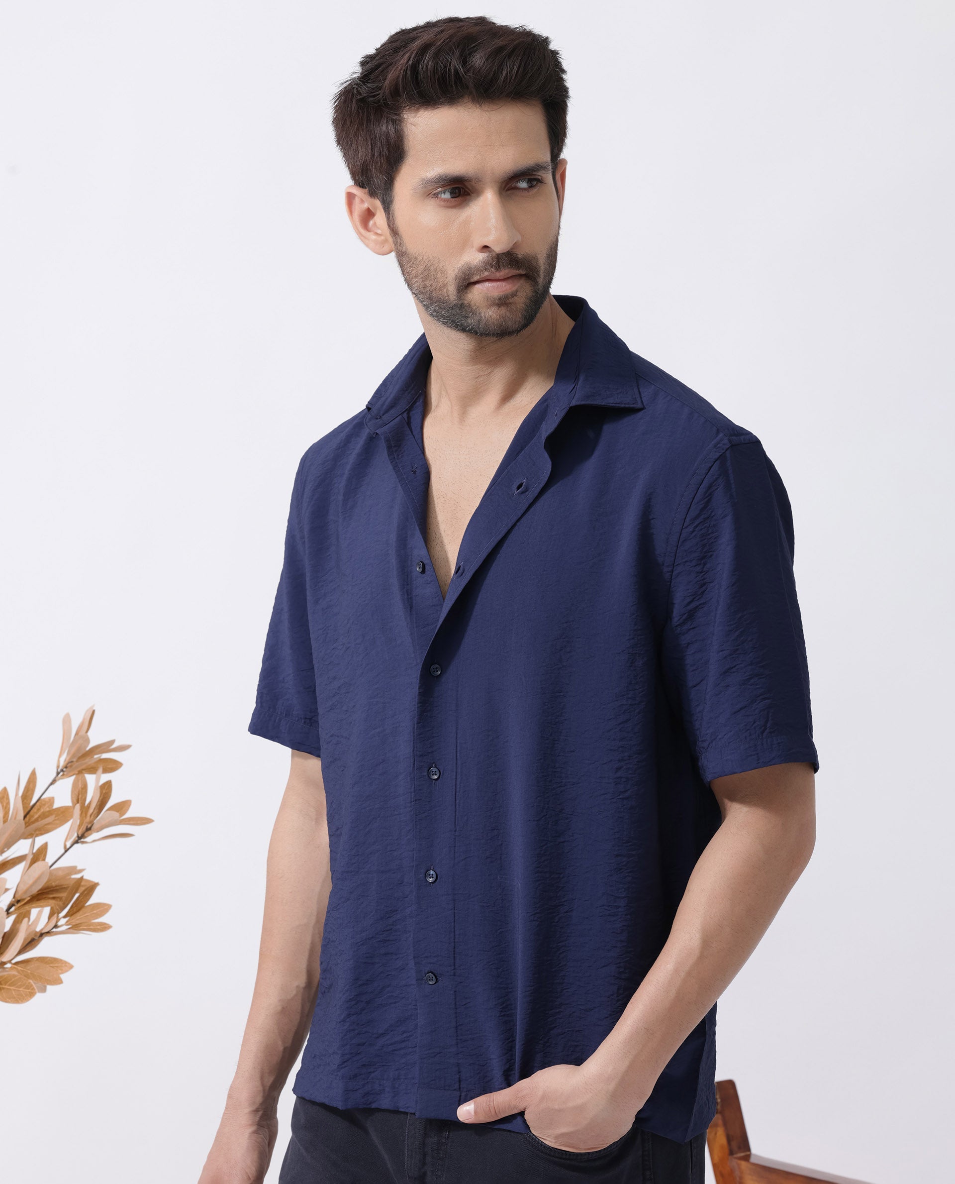 Rare Rabbit Men's Flo Navy Viscose Textured Boxy Fit Half Sleeve Collared Shirt