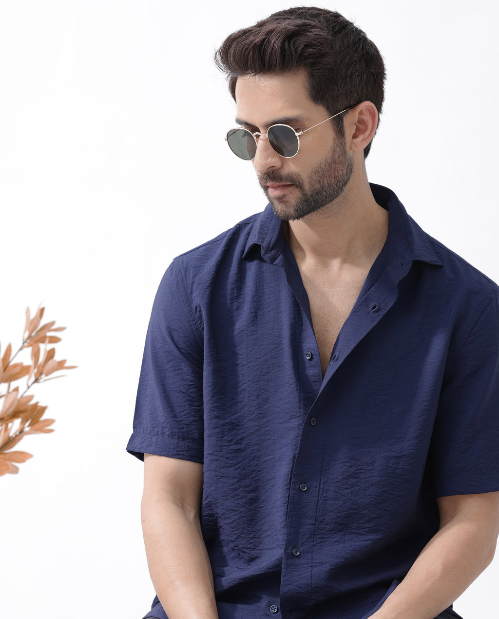 Rare Rabbit Men's Flo Navy Viscose Textured Boxy Fit Half Sleeve Collared Shirt