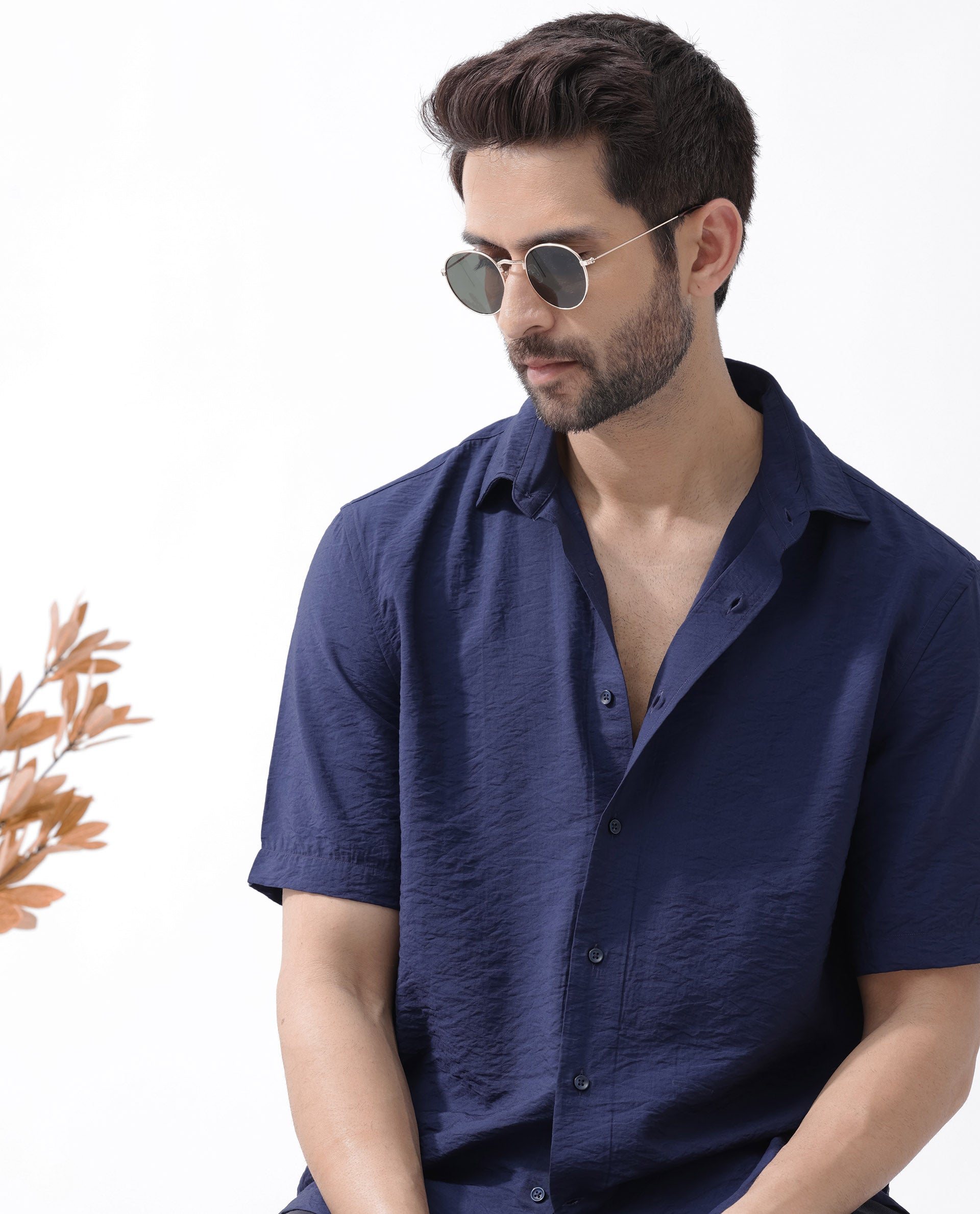 Rare Rabbit Men's Flo Navy Viscose Textured Boxy Fit Half Sleeve Collared Shirt