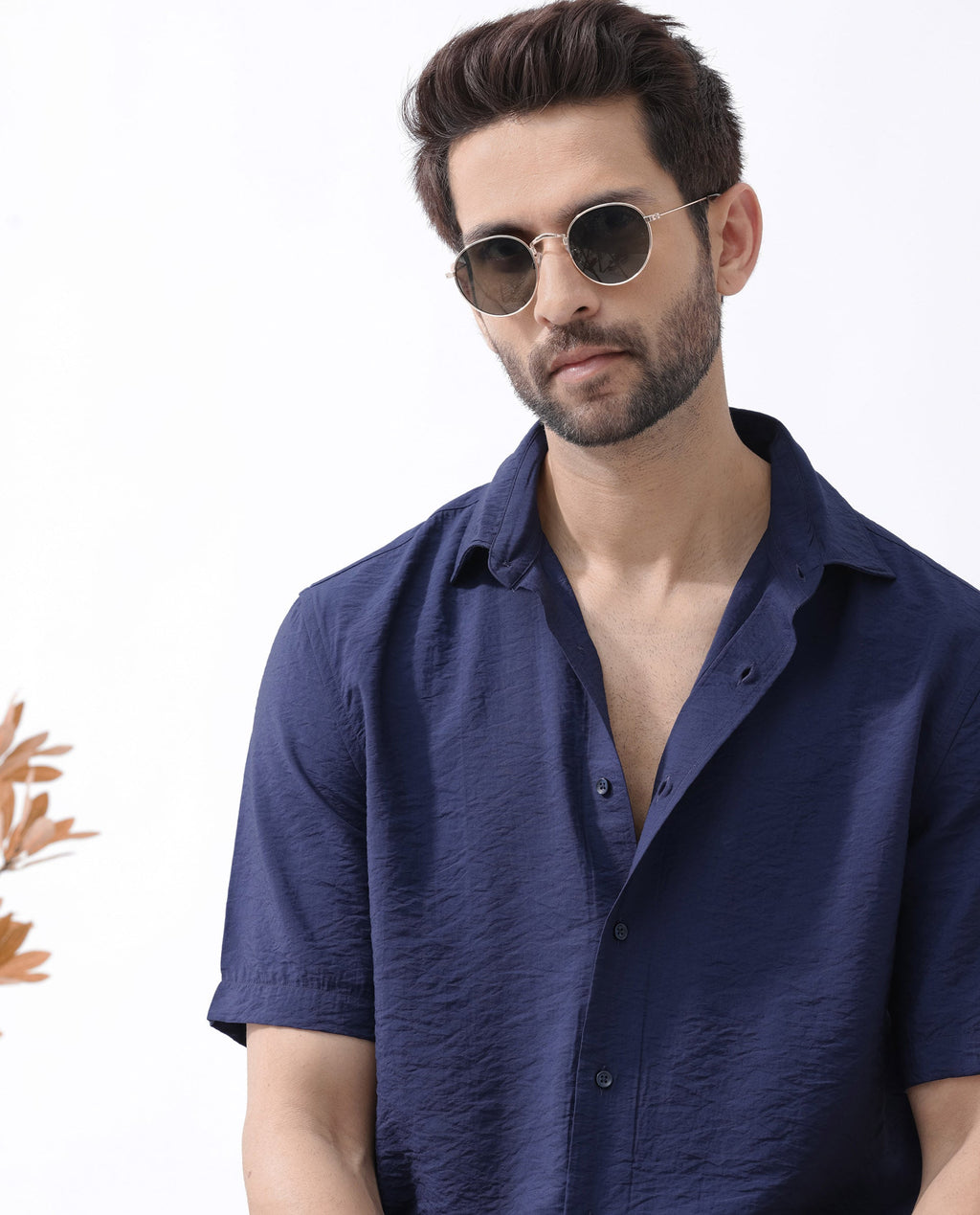Rare Rabbit Men's Flo Navy Viscose Textured Boxy Fit Half Sleeve Collared Shirt