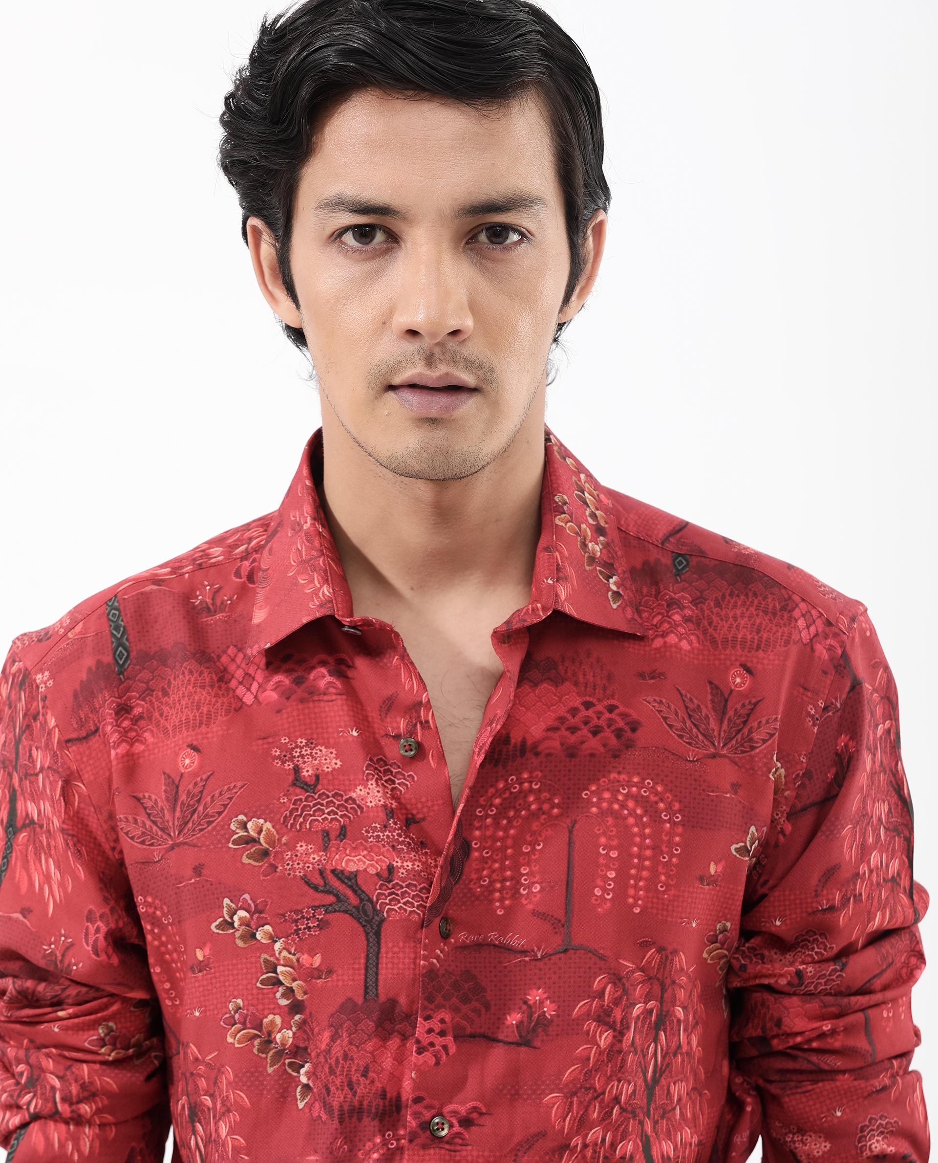 Rare Rabbit Men's Fornia Red Viscose Tropical Print Regular Fit Full Sleeve Collared Shirt