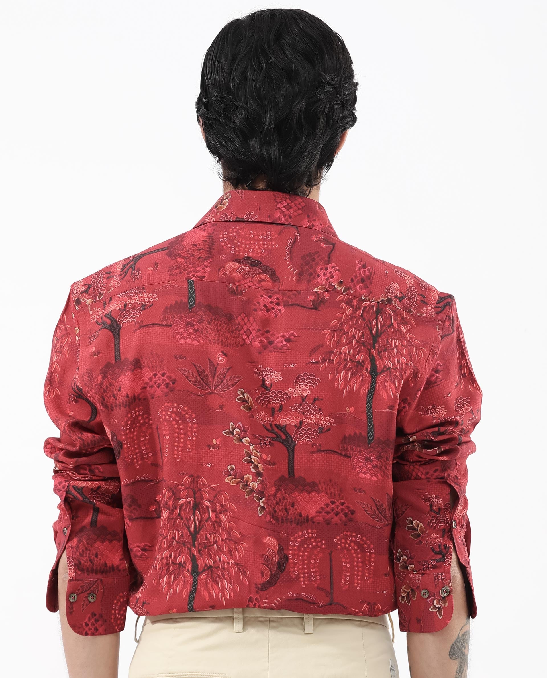 Rare Rabbit Men's Fornia Red Viscose Tropical Print Regular Fit Full Sleeve Collared Shirt