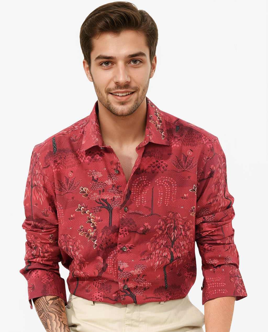 Rare Rabbit Men's Fornia Red Viscose Tropical Print Regular Fit Full Sleeve Collared Shirt