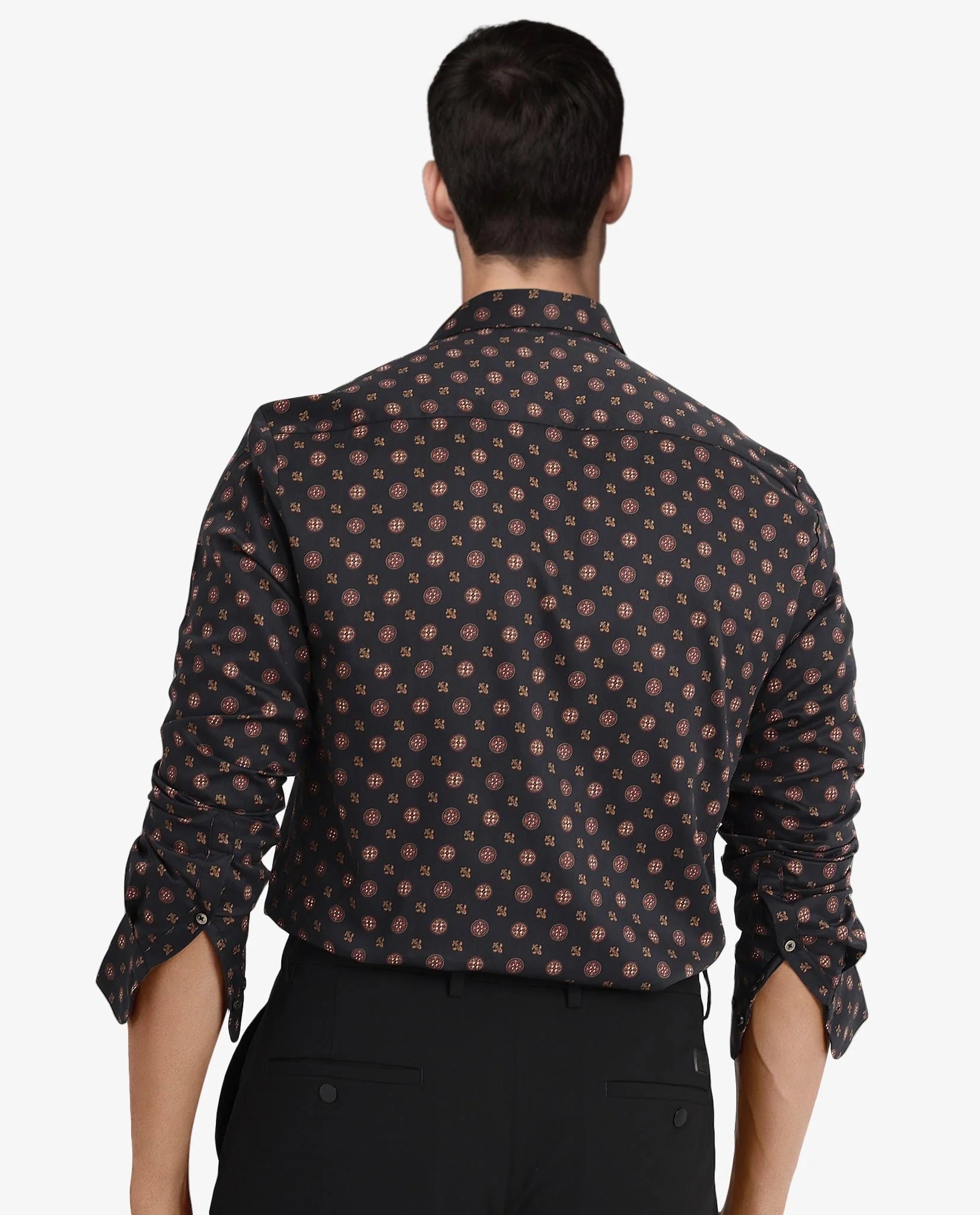 Rare Rabbit Men's Freya- Black Cotton Geometric Print Regular Fit Full Sleeve Collared Shirt