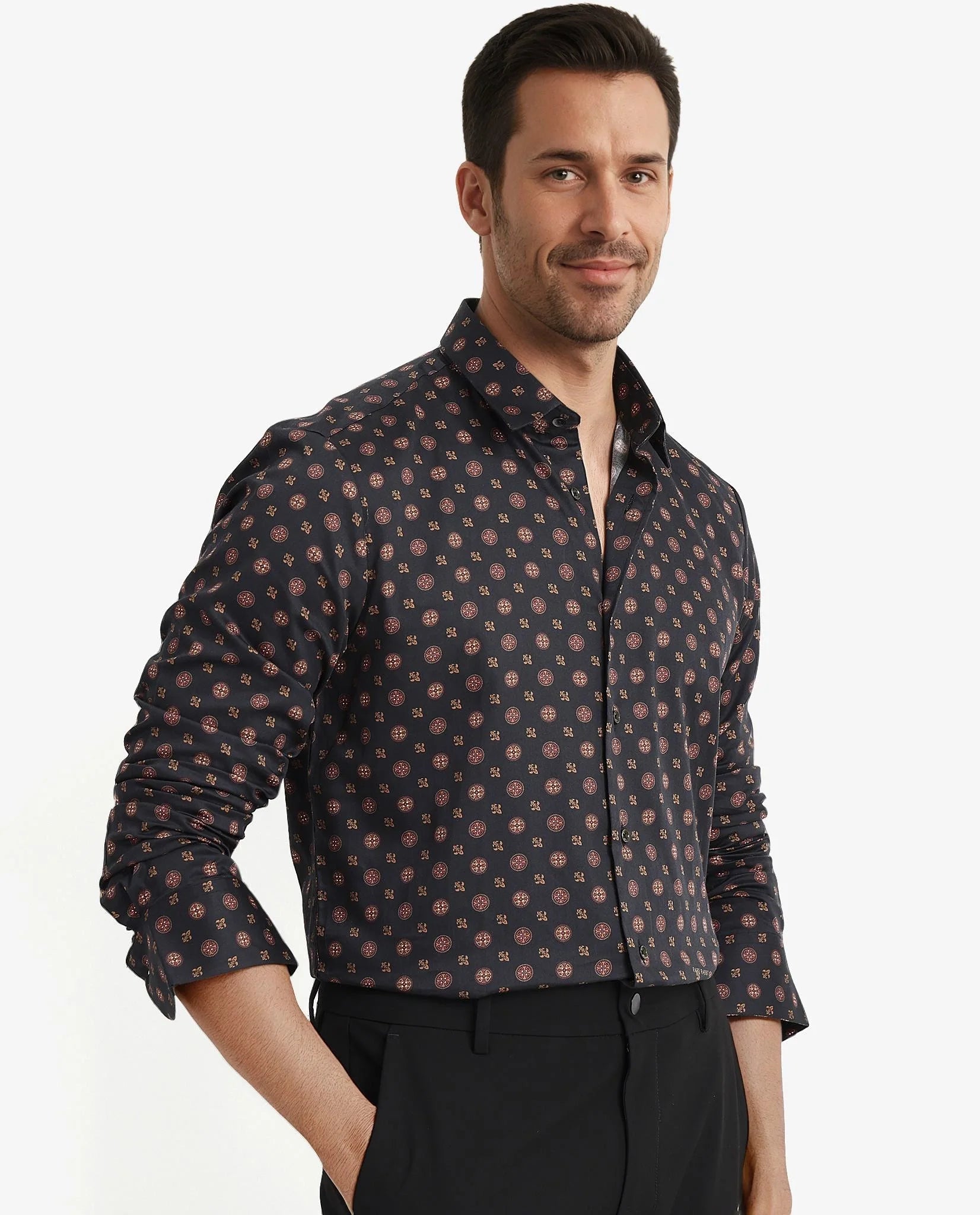 Rare Rabbit Men's Freya- Black Cotton Geometric Print Regular Fit Full Sleeve Collared Shirt