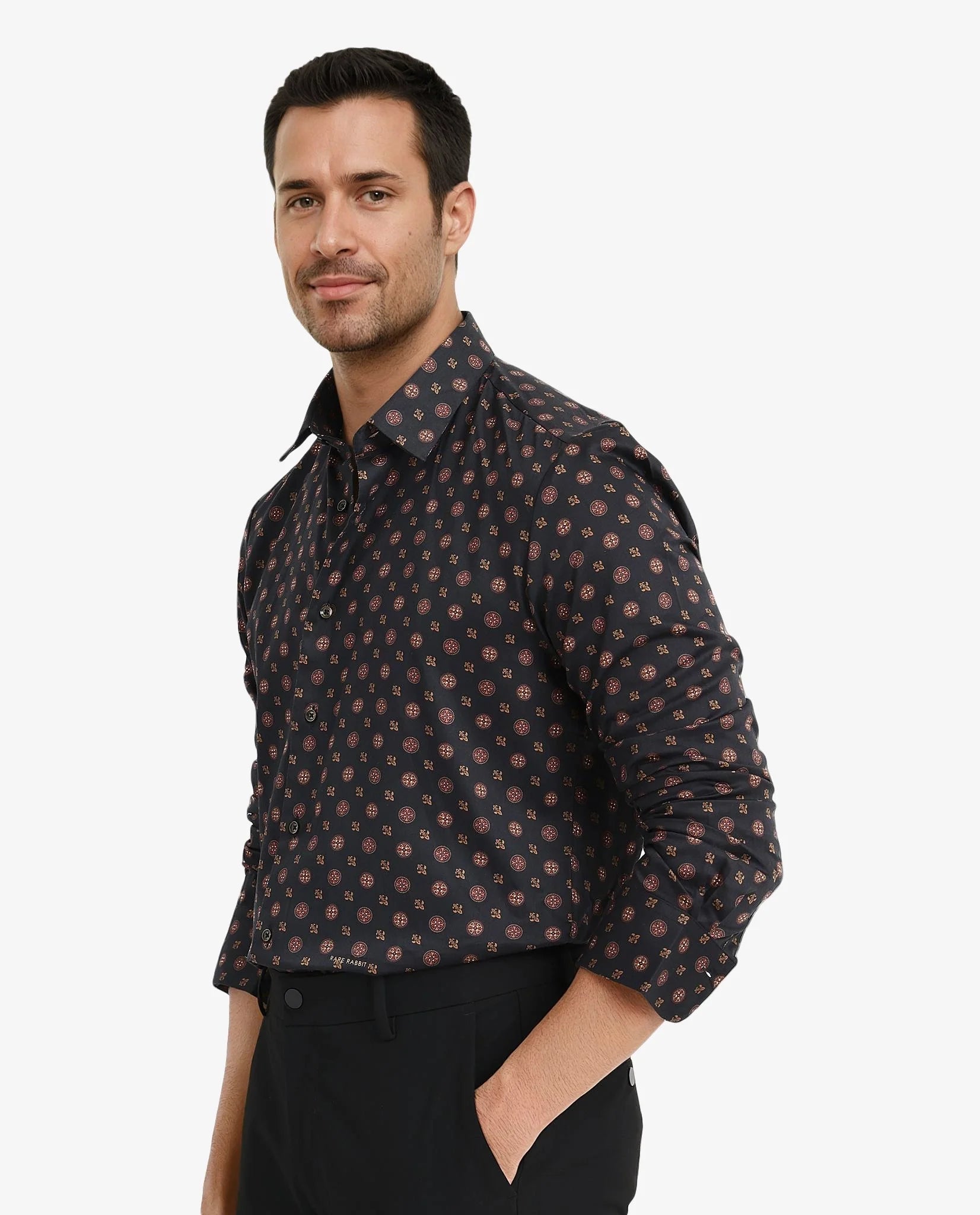 Rare Rabbit Men's Freya- Black Cotton Geometric Print Regular Fit Full Sleeve Collared Shirt