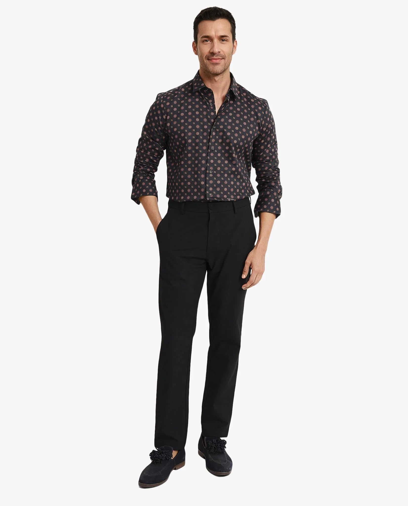 Rare Rabbit Men's Freya- Black Cotton Geometric Print Regular Fit Full Sleeve Collared Shirt
