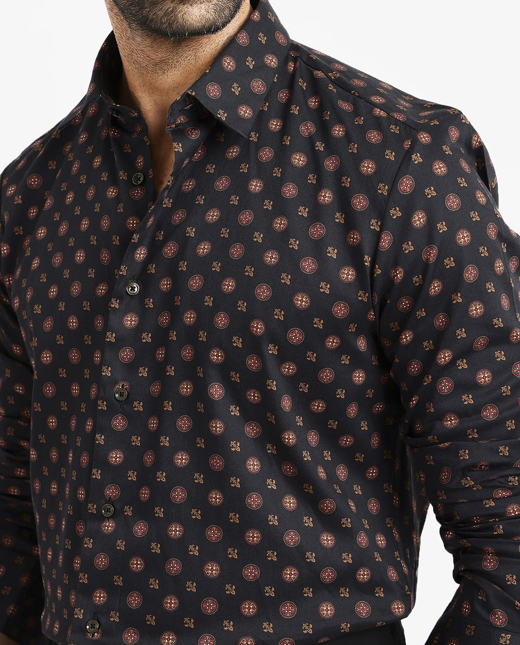 Rare Rabbit Men's Freya- Black Cotton Geometric Print Regular Fit Full Sleeve Collared Shirt