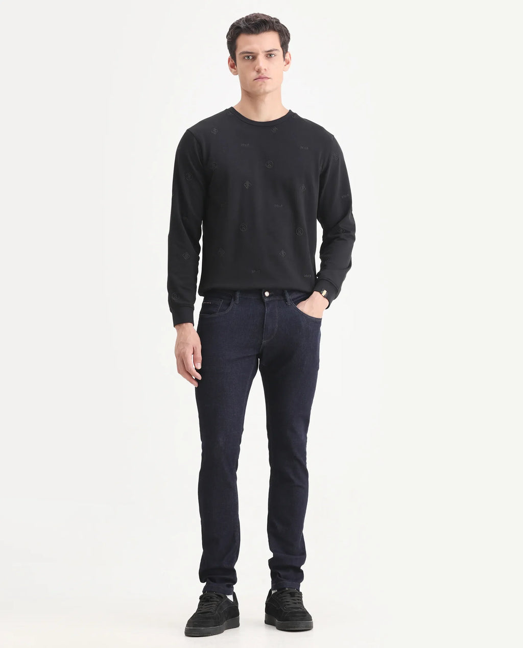 Rare Rabbit Men's Frisco Navy Cotton Plain Hawk Slim Fit Jeans