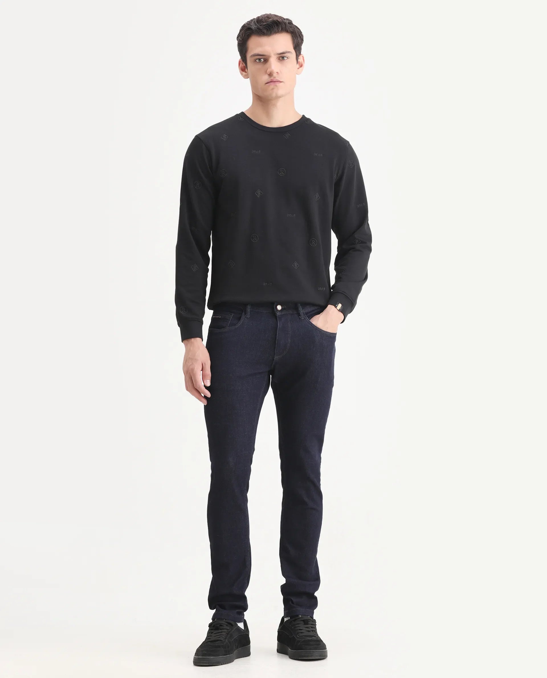 Rare Rabbit Men's Frisco Navy Cotton Plain Hawk Slim Fit Jeans