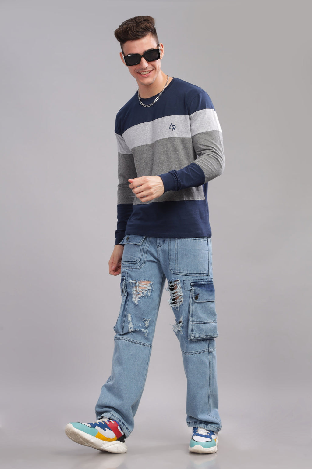 Men Multicolor Colorblock Full Sleeve T-Shirt