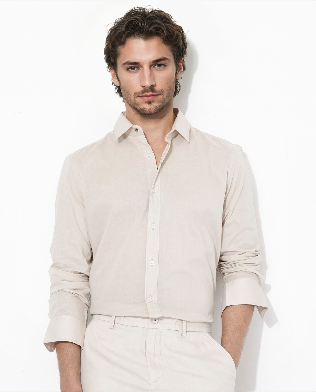 Rare Rabbit Men's Fullsleen Beige Cotton Plain Regular Fit Full Sleeve Collared Shirt
