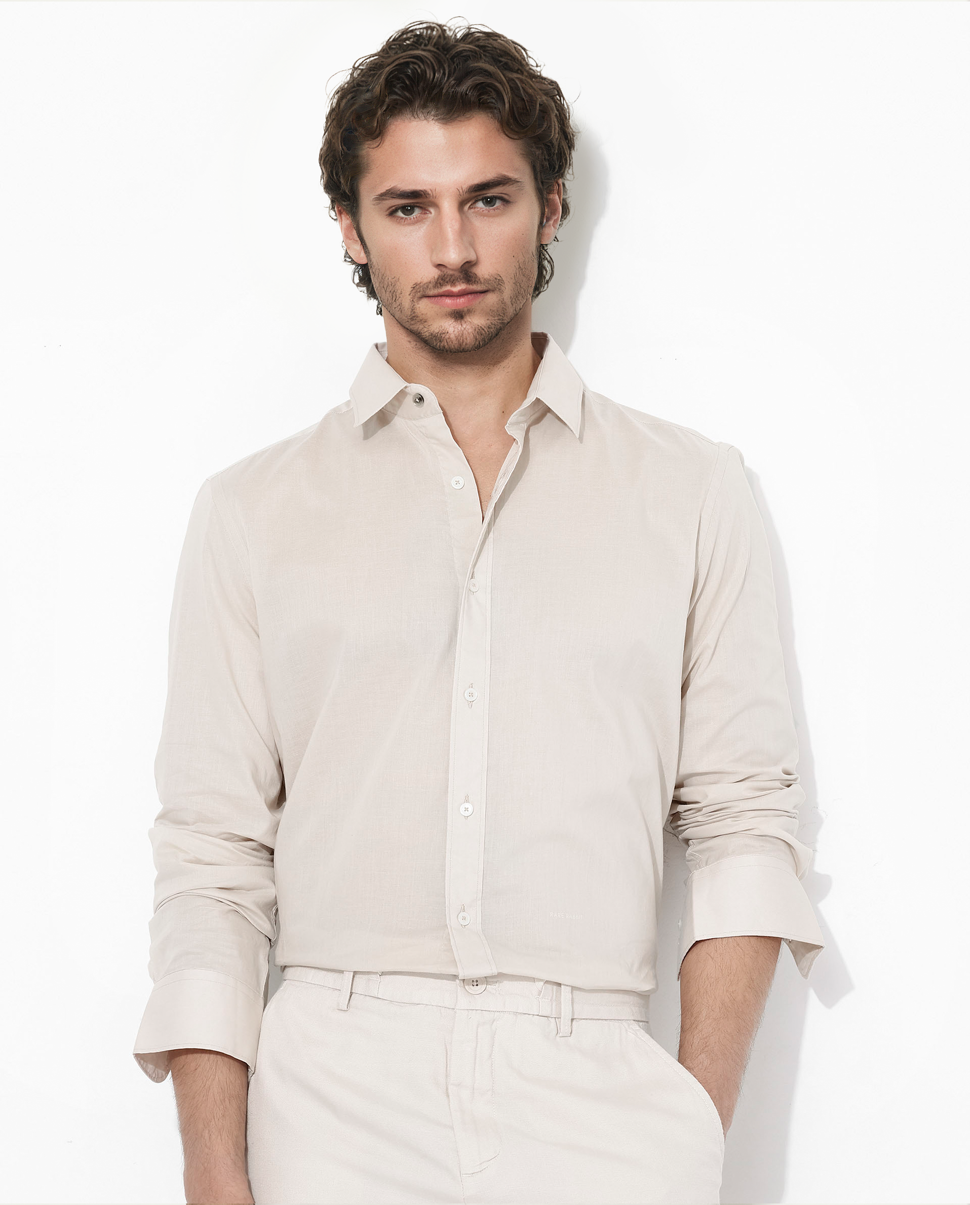 Rare Rabbit Men's Fullsleen Beige Cotton Plain Regular Fit Full Sleeve Collared Shirt