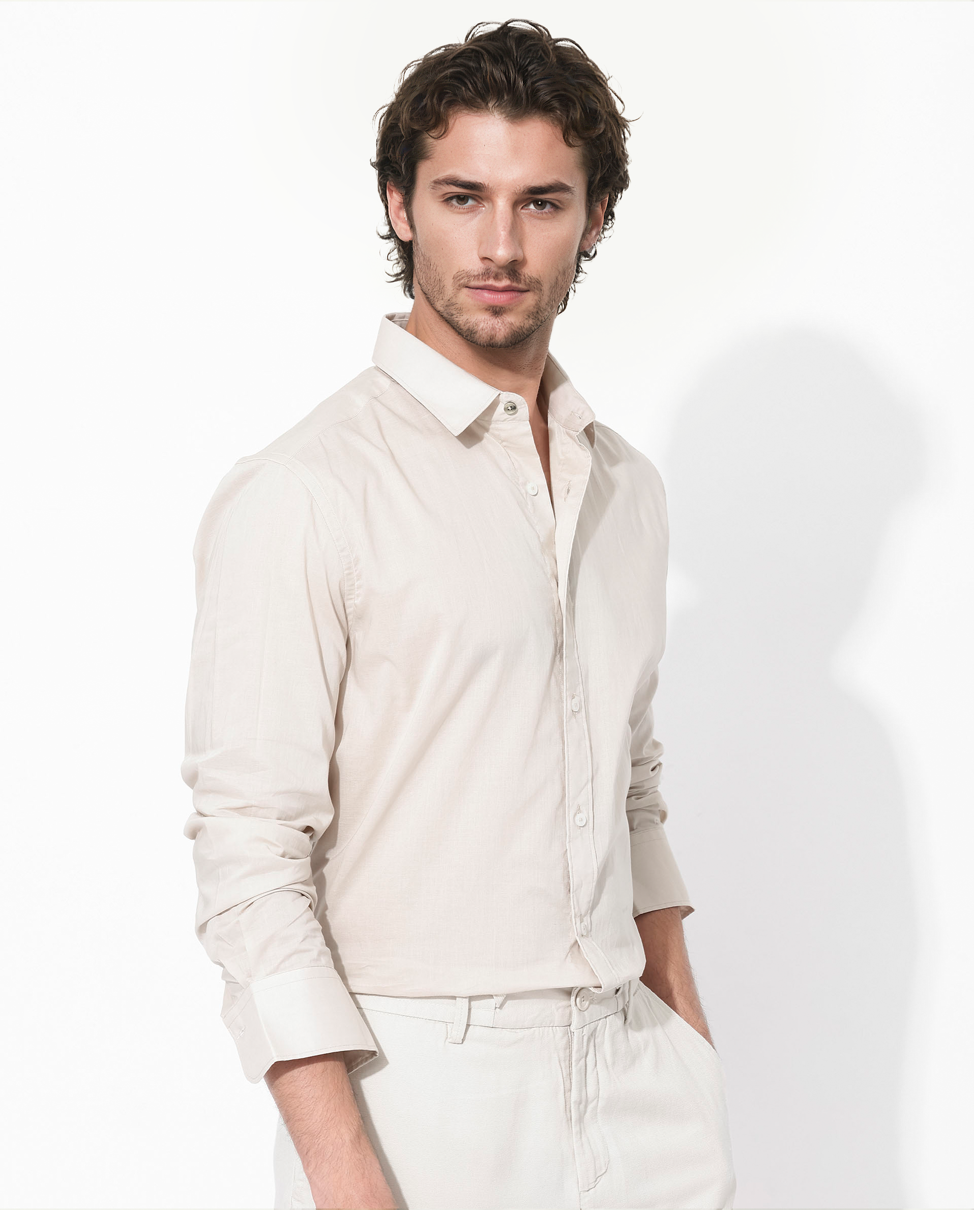 Rare Rabbit Men's Fullsleen Beige Cotton Plain Regular Fit Full Sleeve Collared Shirt