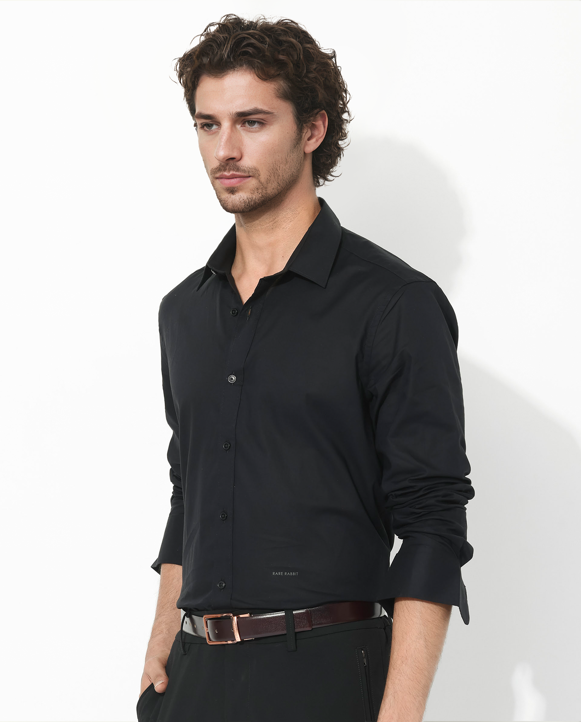 Rare Rabbit Men's Fullsleen Black Cotton Plain Regular Fit Full Sleeve Collared Shirt
