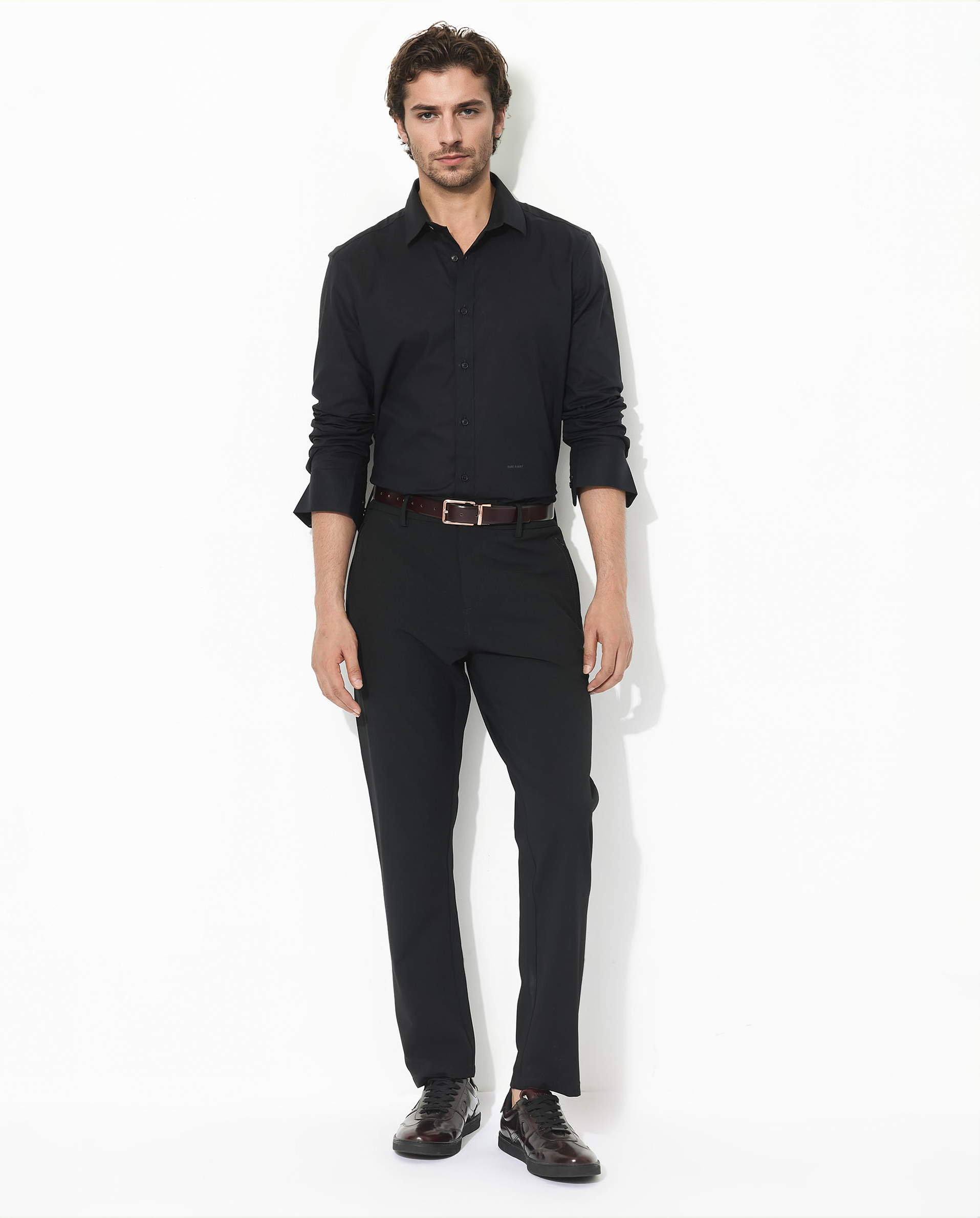 Rare Rabbit Men's Fullsleen Black Cotton Plain Regular Fit Full Sleeve Collared Shirt