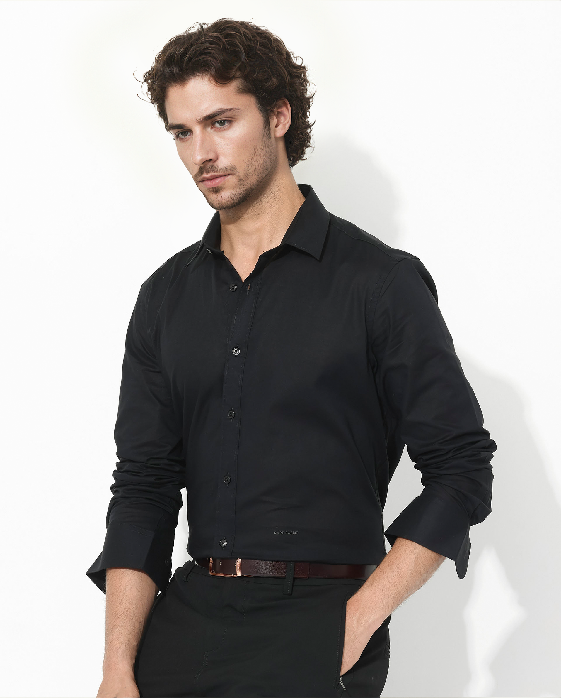 Rare Rabbit Men's Fullsleen Black Cotton Plain Regular Fit Full Sleeve Collared Shirt