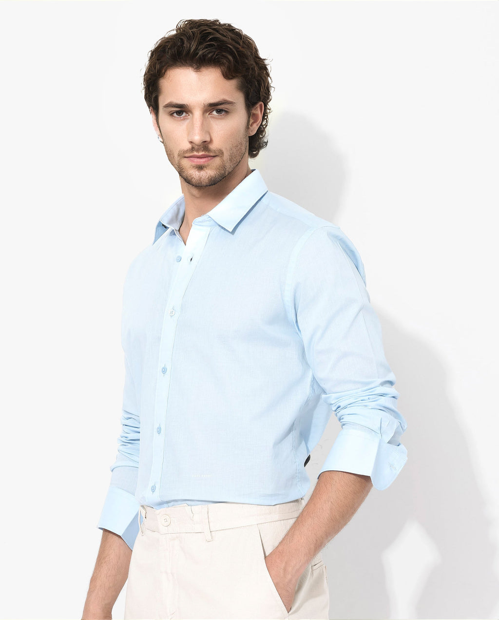 Rare Rabbit Men's Fullsleen Pastel Blue Cotton Plain Regular Fit Full Sleeve Collared Shirt