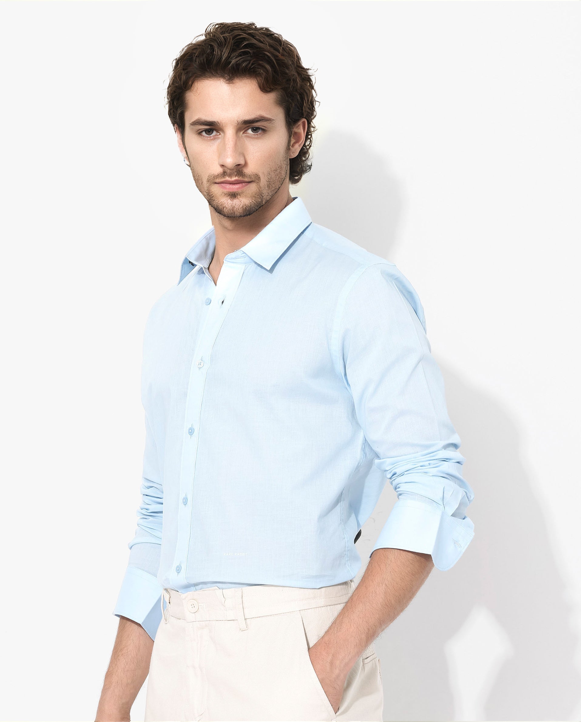 Rare Rabbit Men's Fullsleen Pastel Blue Cotton Plain Regular Fit Full Sleeve Collared Shirt