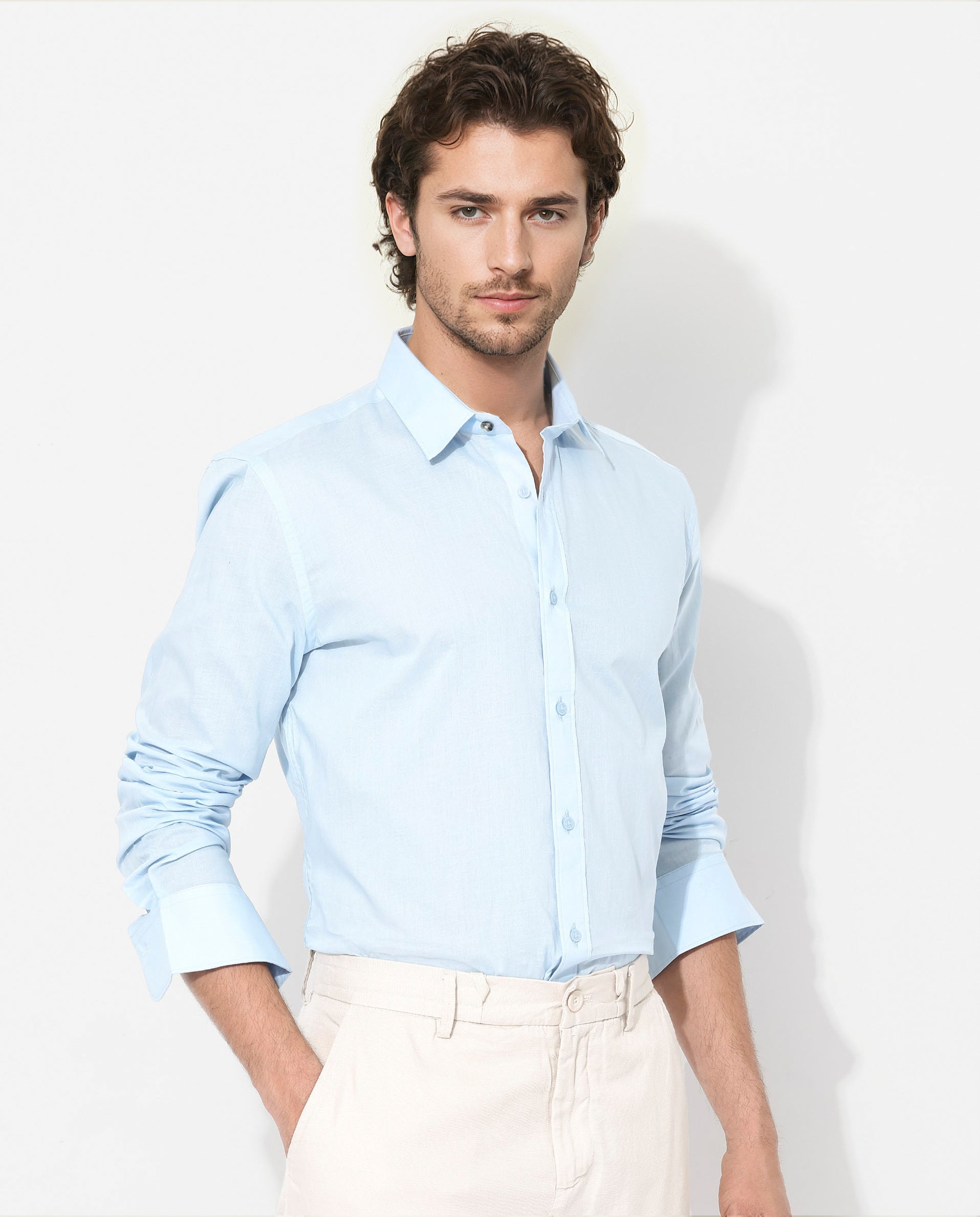 Rare Rabbit Men's Fullsleen Pastel Blue Cotton Plain Regular Fit Full Sleeve Collared Shirt