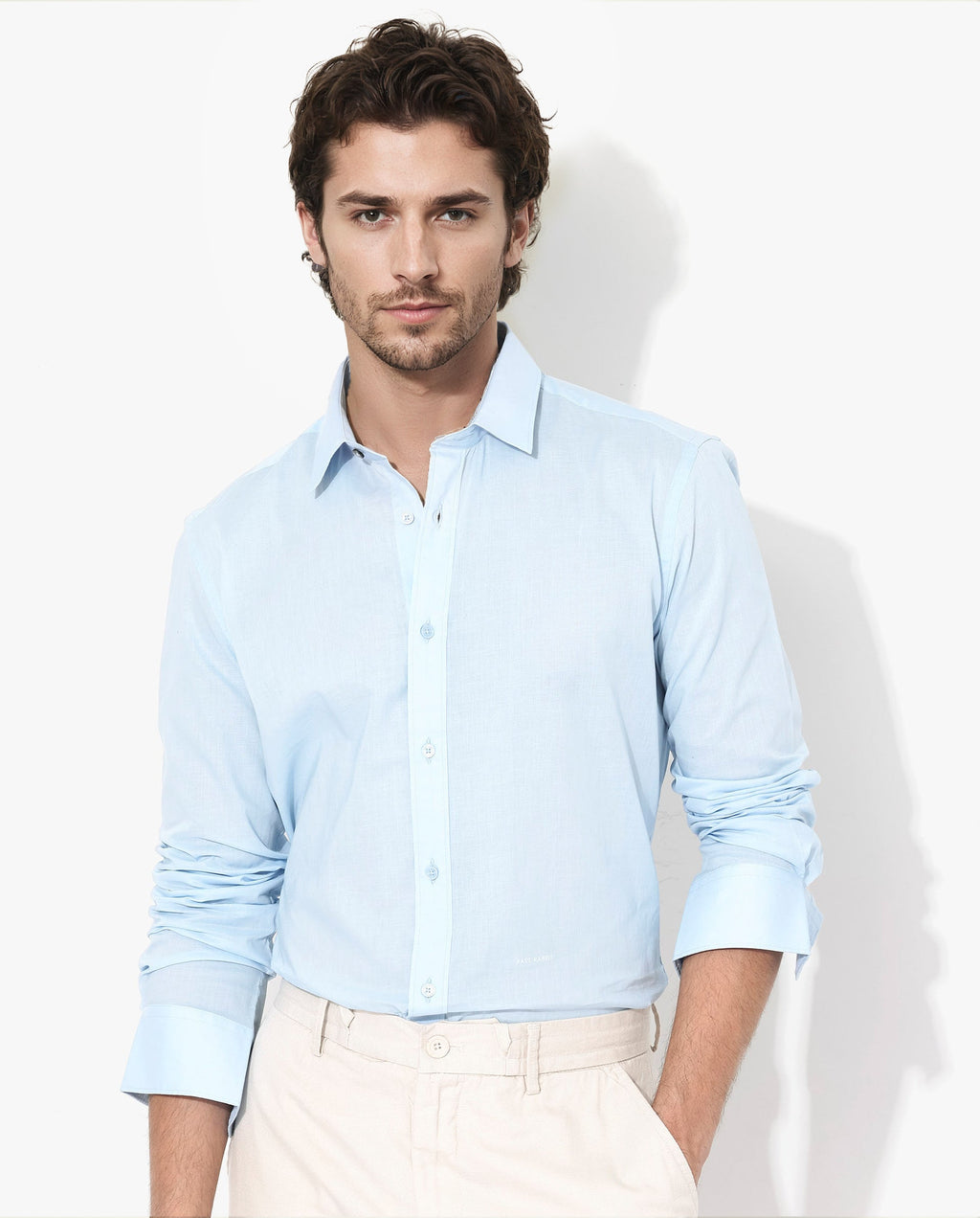Rare Rabbit Men's Fullsleen Pastel Blue Cotton Plain Regular Fit Full Sleeve Collared Shirt
